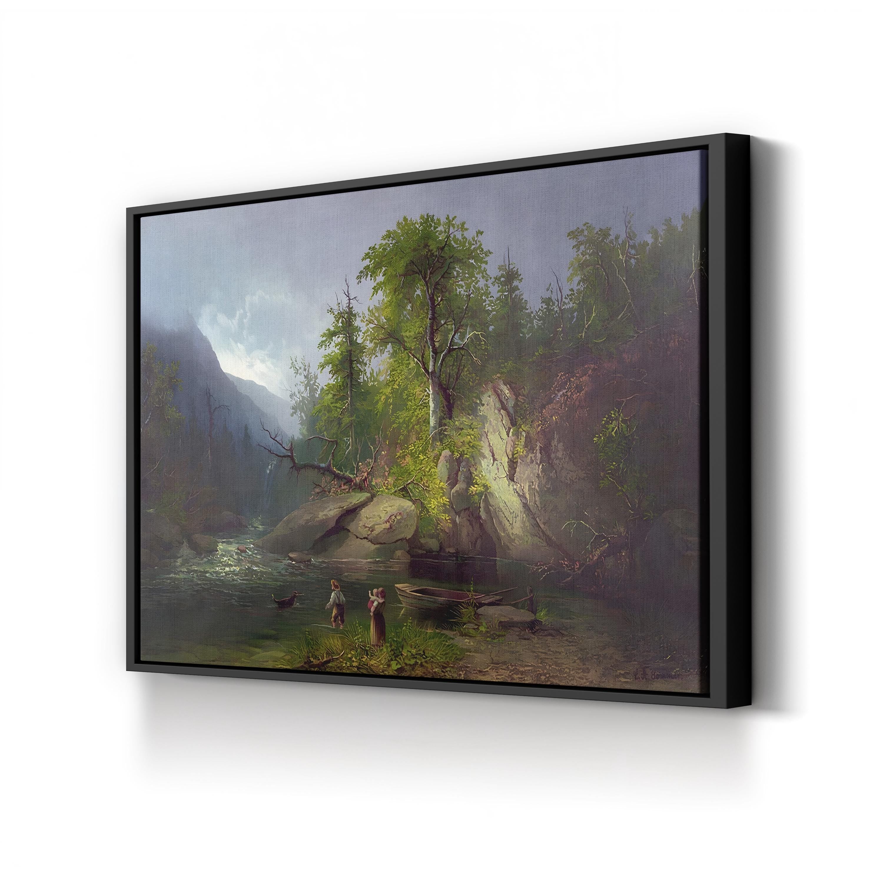 Framed painting of a landscape with trees, rocks, and people by a lake.