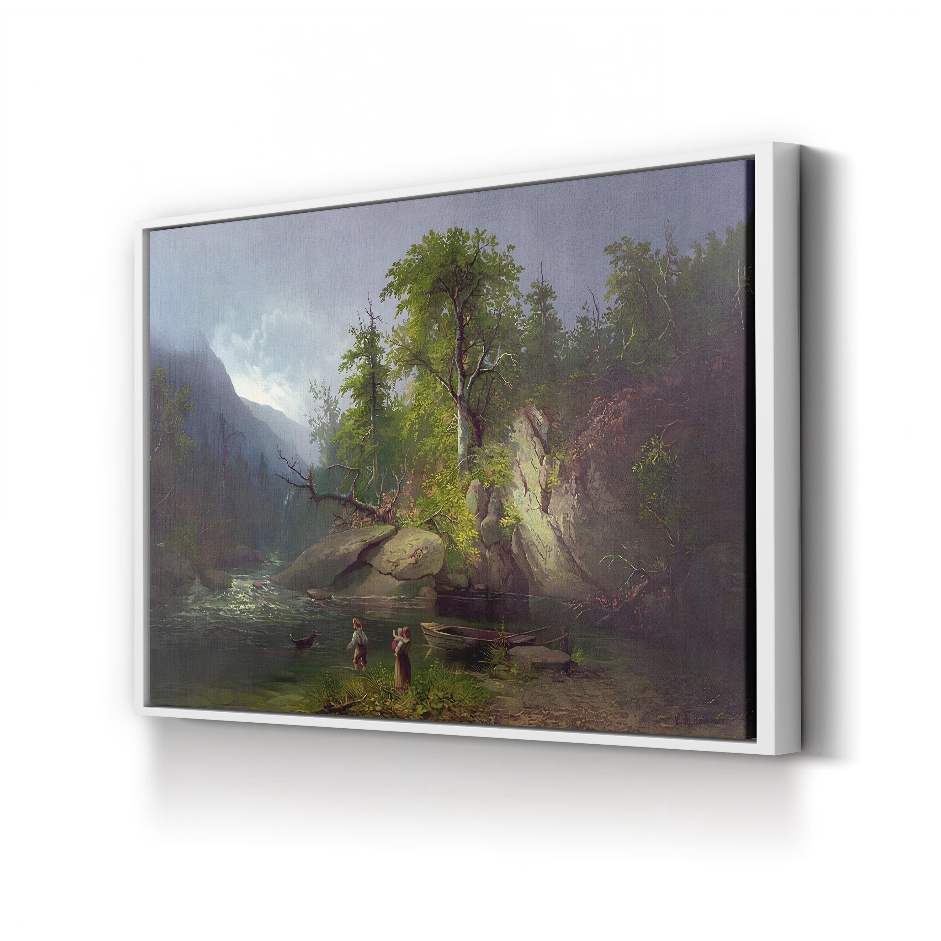 Framed painting of a landscape with trees, rocks, and a body of water.
