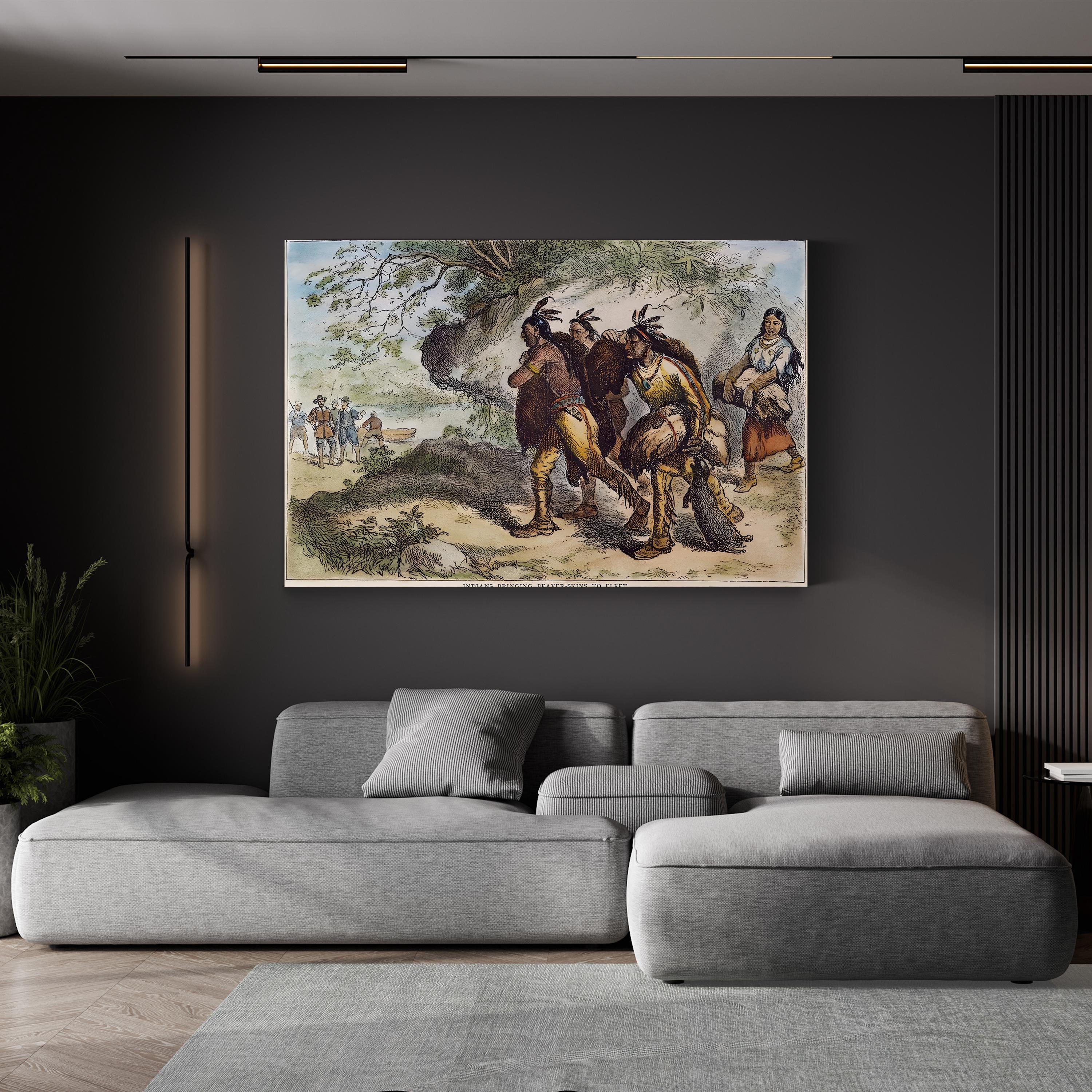 Native Americans Bringing Beaver Skins to a Trading Fleet, 1676 canvas print in Gallery Canvas frame