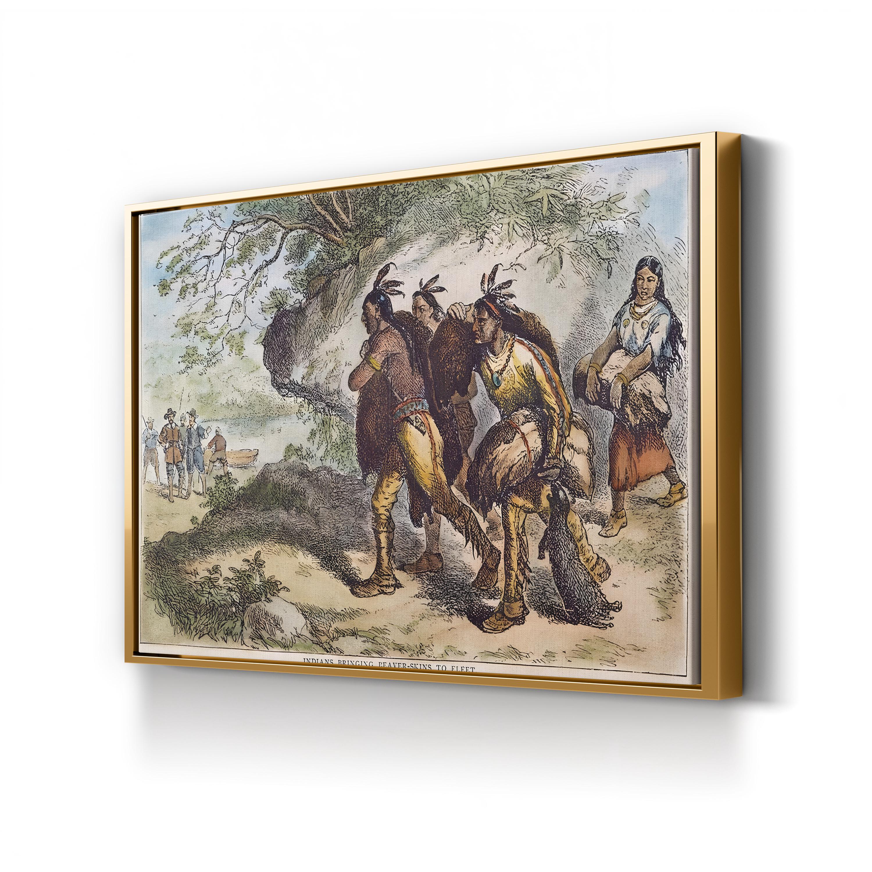 Native Americans Bringing Beaver Skins to a Trading Fleet, 1676 canvas print in Gold framed canvas
