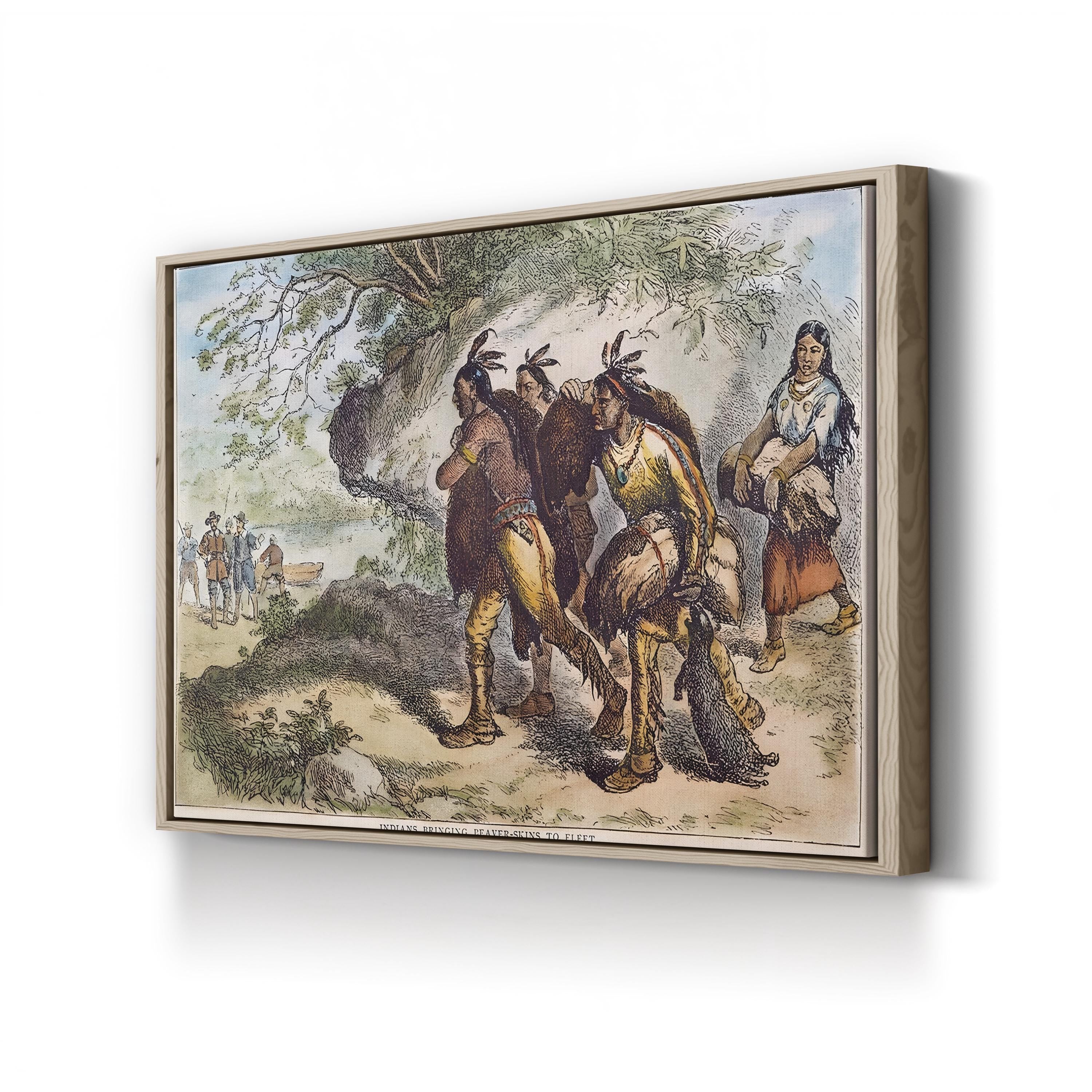 Native Americans Bringing Beaver Skins to a Trading Fleet, 1676 canvas print in Oak framed canvas