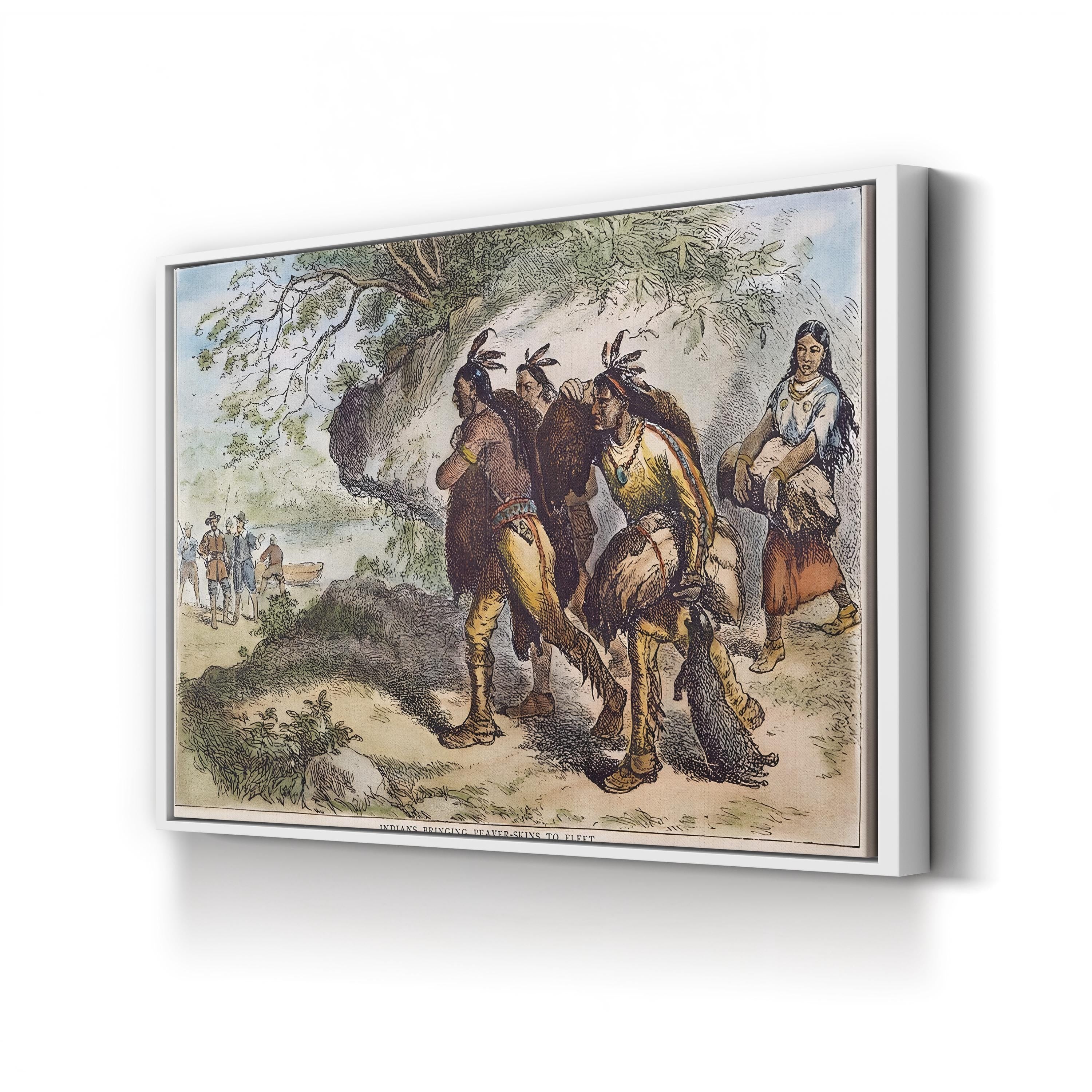 Native Americans Bringing Beaver Skins to a Trading Fleet, 1676 canvas print in White framed canvas