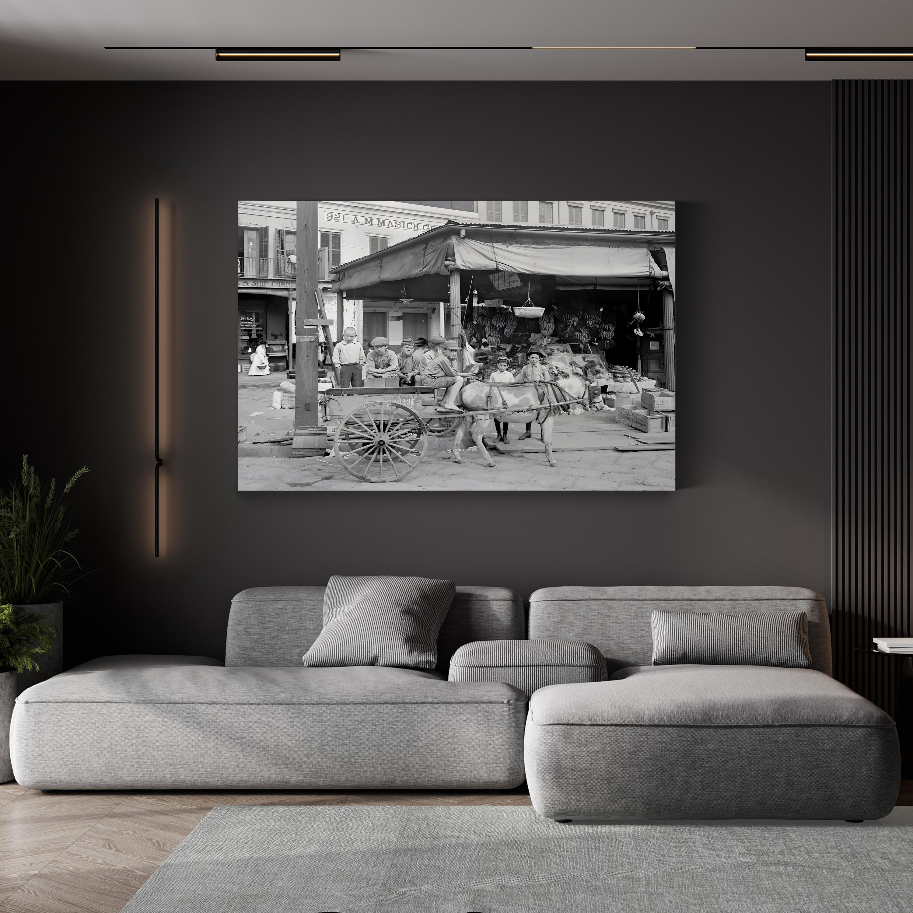 New Orleans French Market Scene canvas print in a black frame