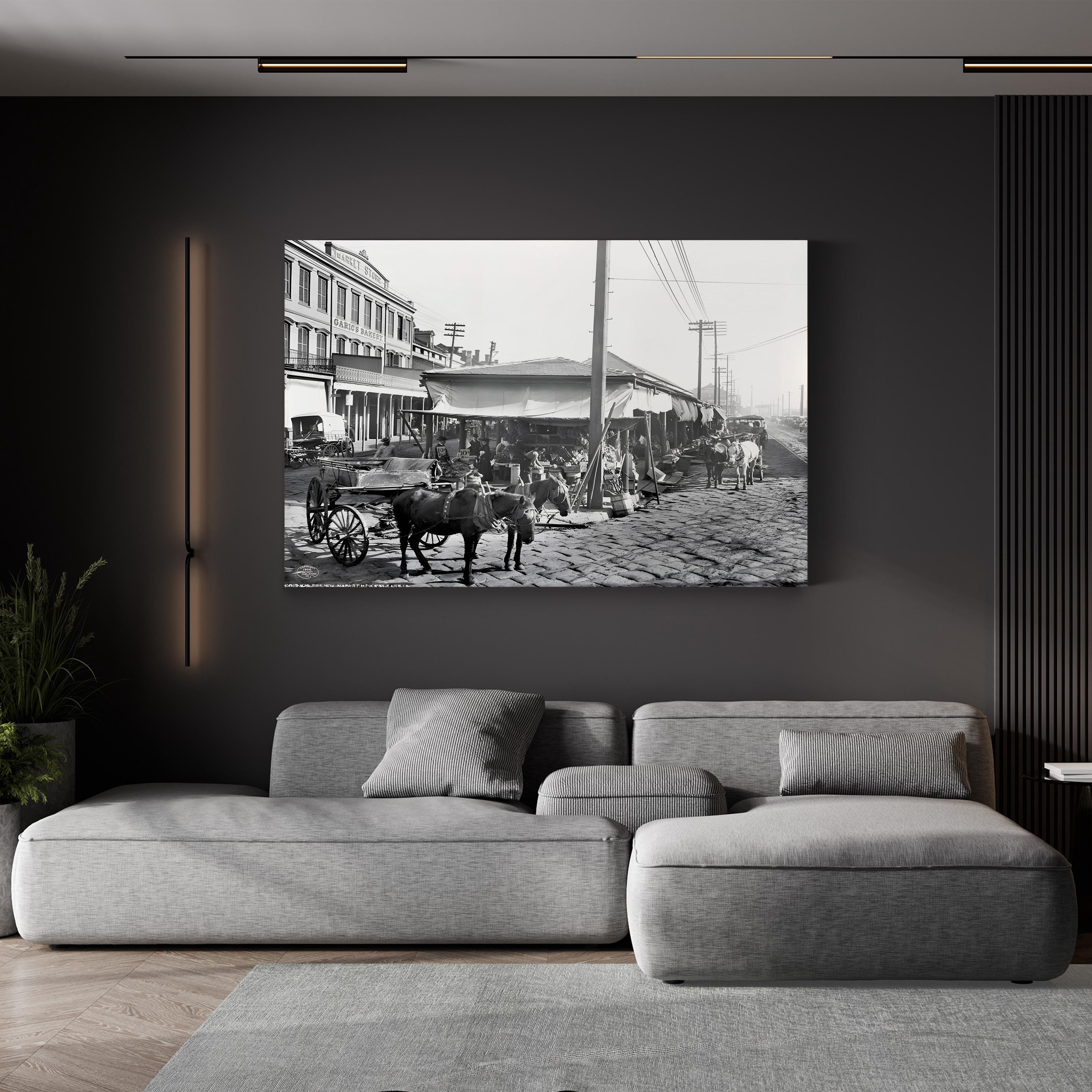 French Market, New Orleans, 1906 by Detroit Publishing Co. canvas print displayed in a dark modern room above a gray sofa