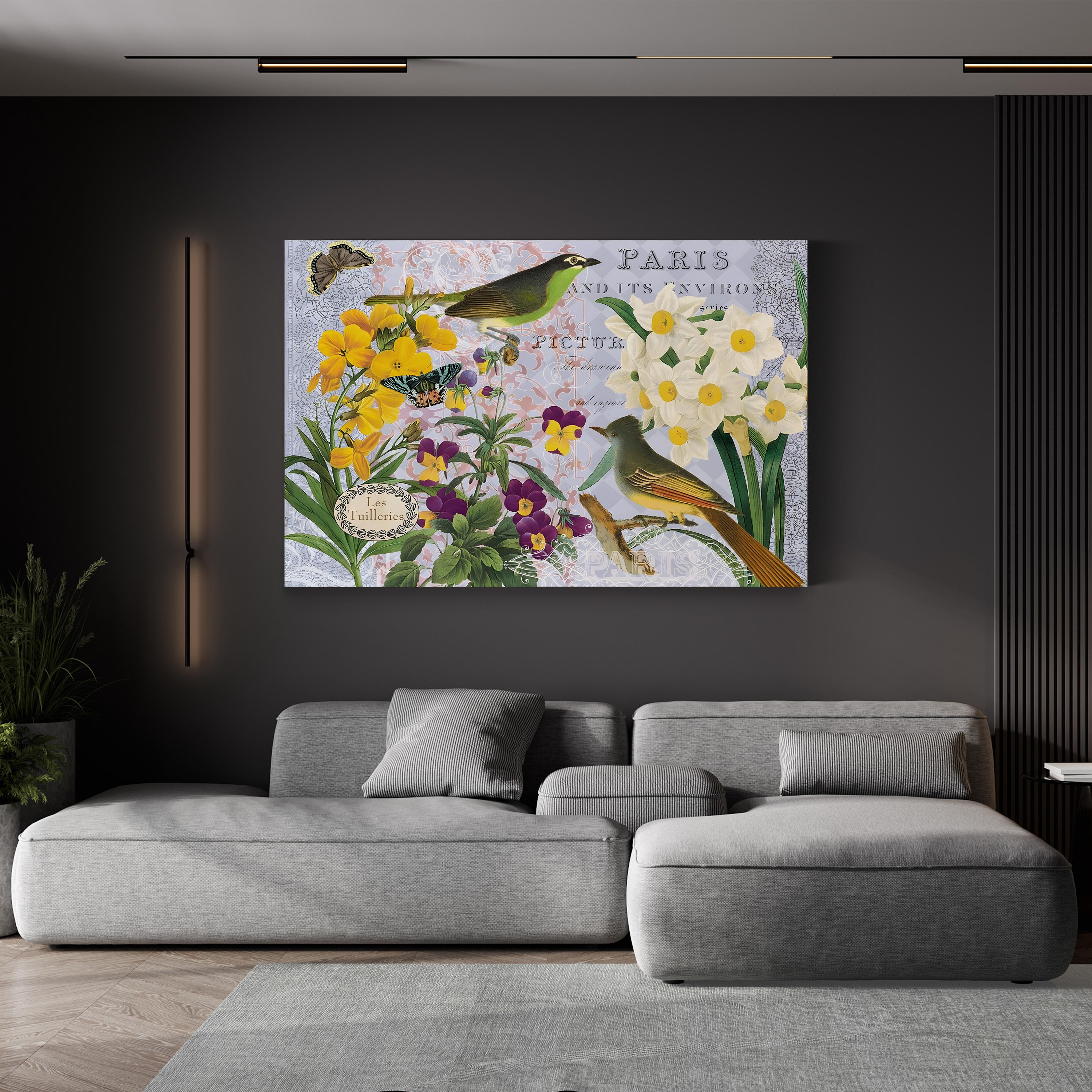 Tuileries Garden Vintage Floral canvas print in Gallery Canvas frame displayed in a room