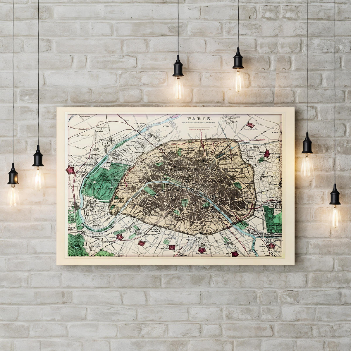 Antique Paris City Map with Fortifications by Adam Shaw canvas print displayed on a brick wall
