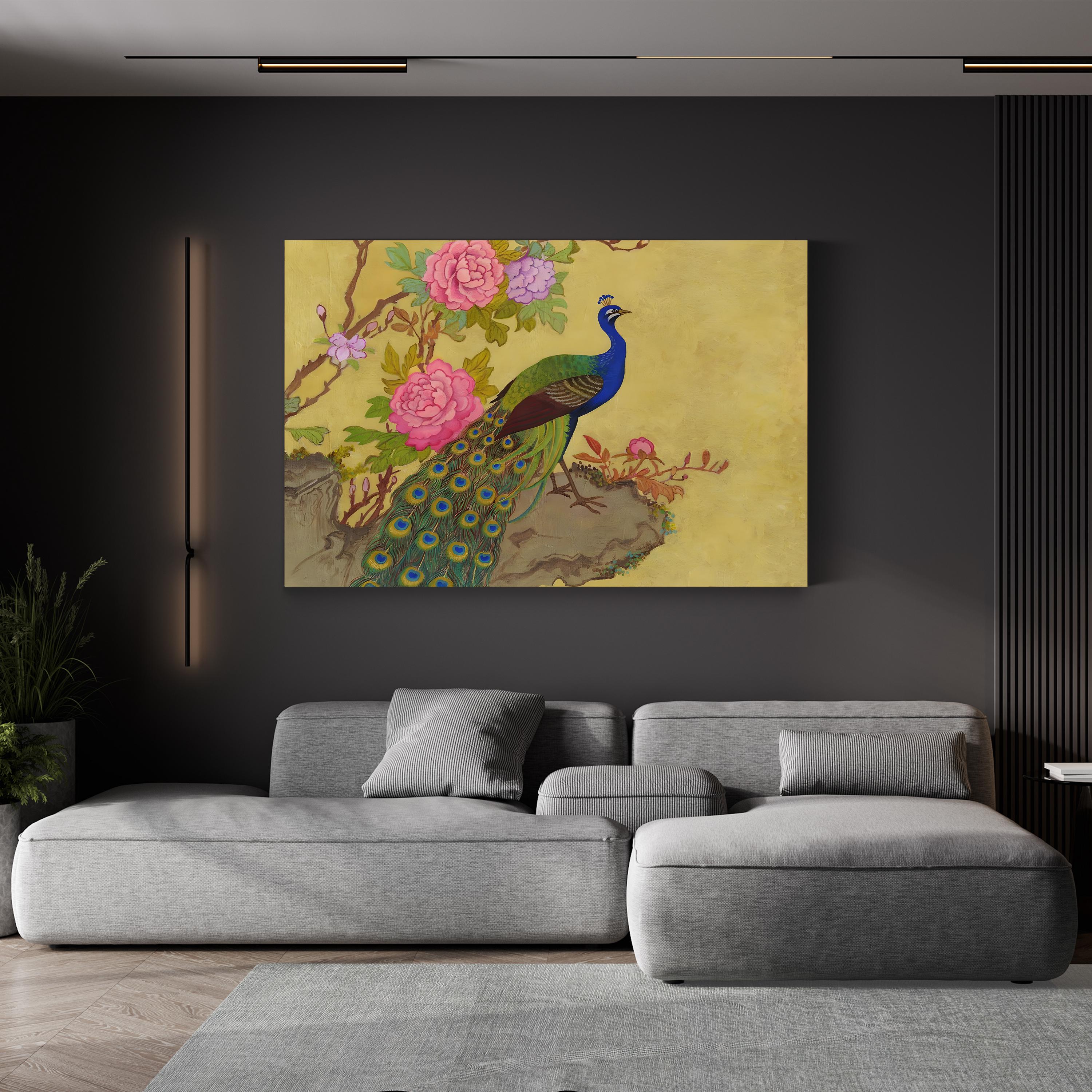 Peacock and Peonies Wall Art by Adam Guan – Chinese Style Floral Wildlife Painting