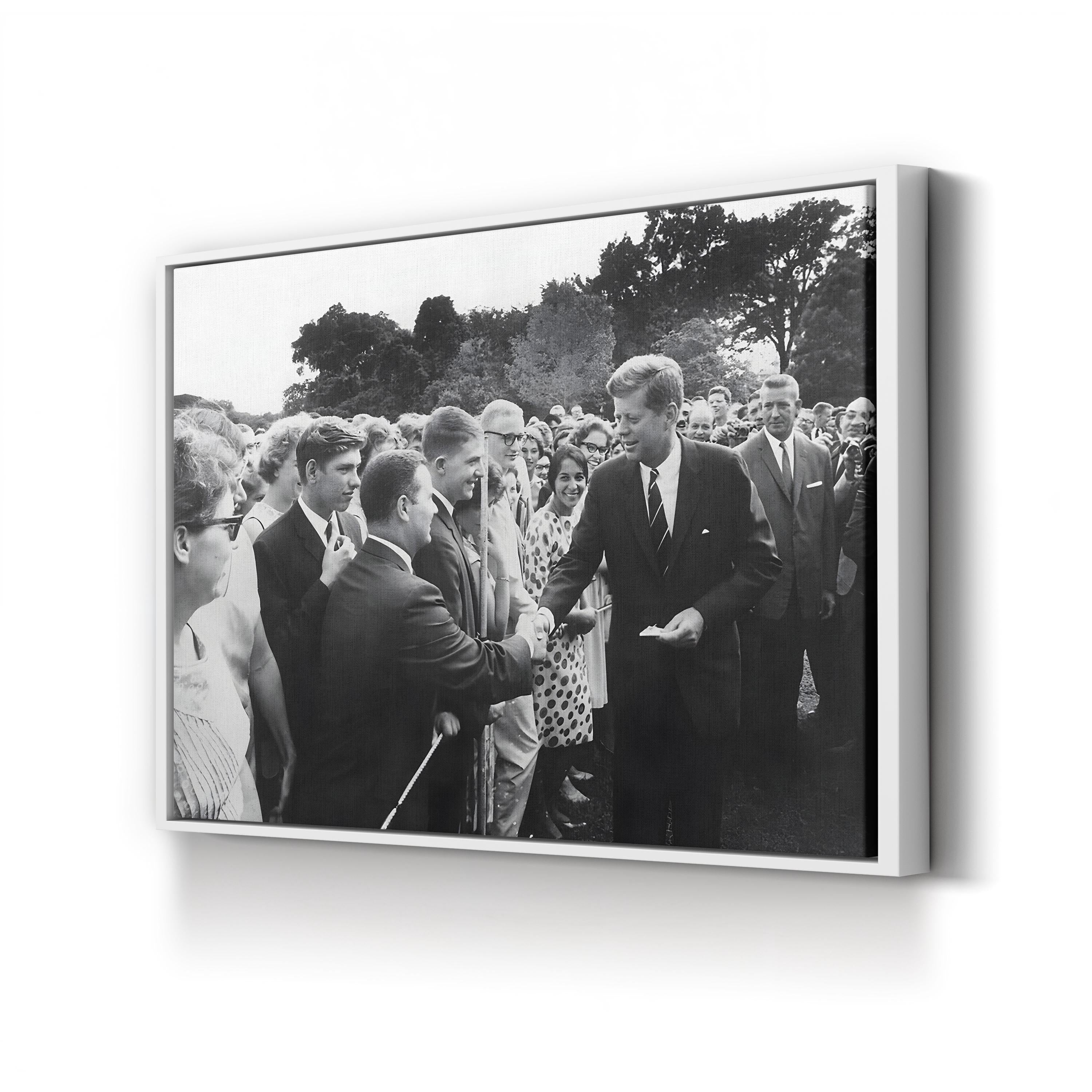 President Kennedy Greets Peace Corps Volunteers, c. 1962, by Abbie Rowe canvas print in a white frame