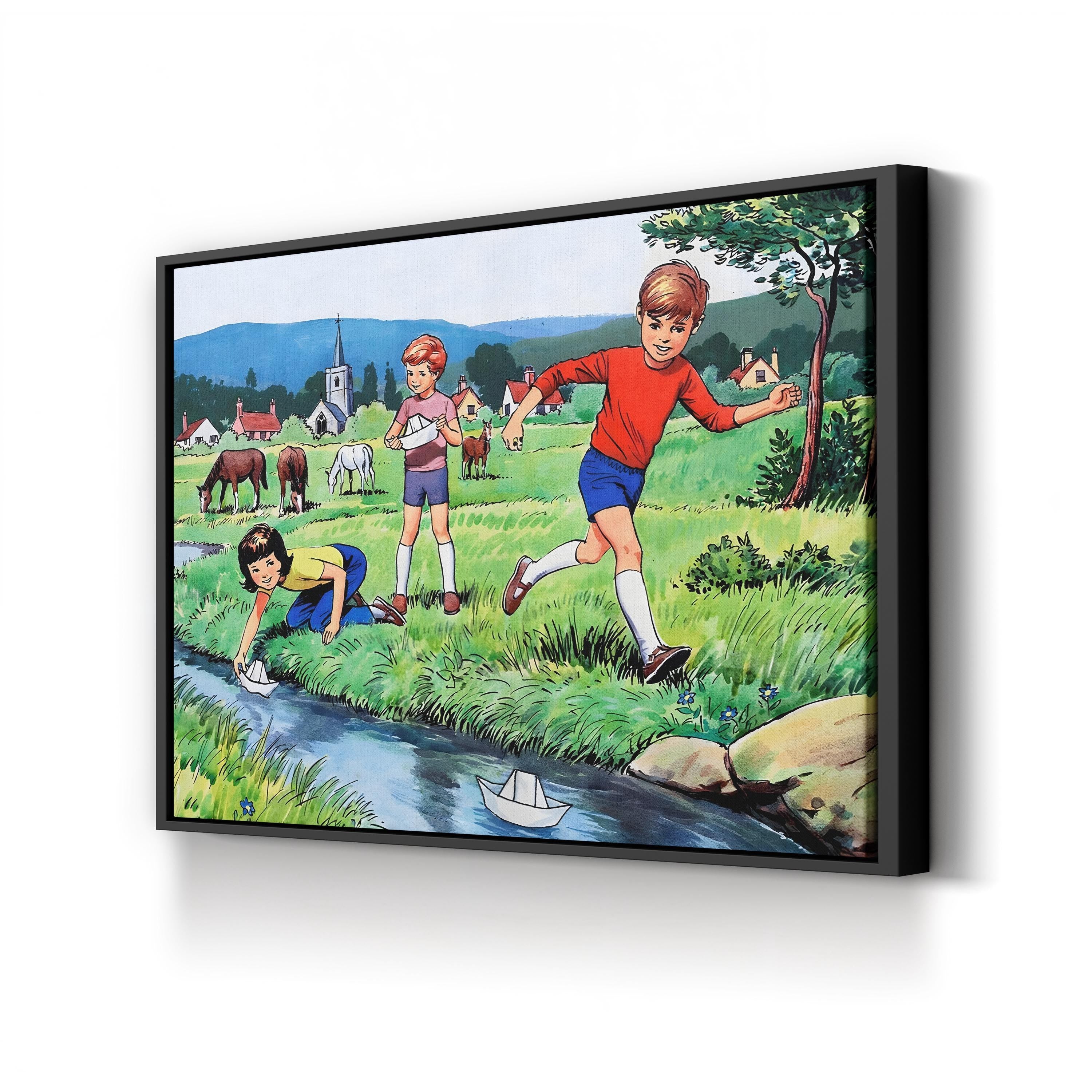 Vintage Children Playing with Sailing Paper Boats canvas print in black frame