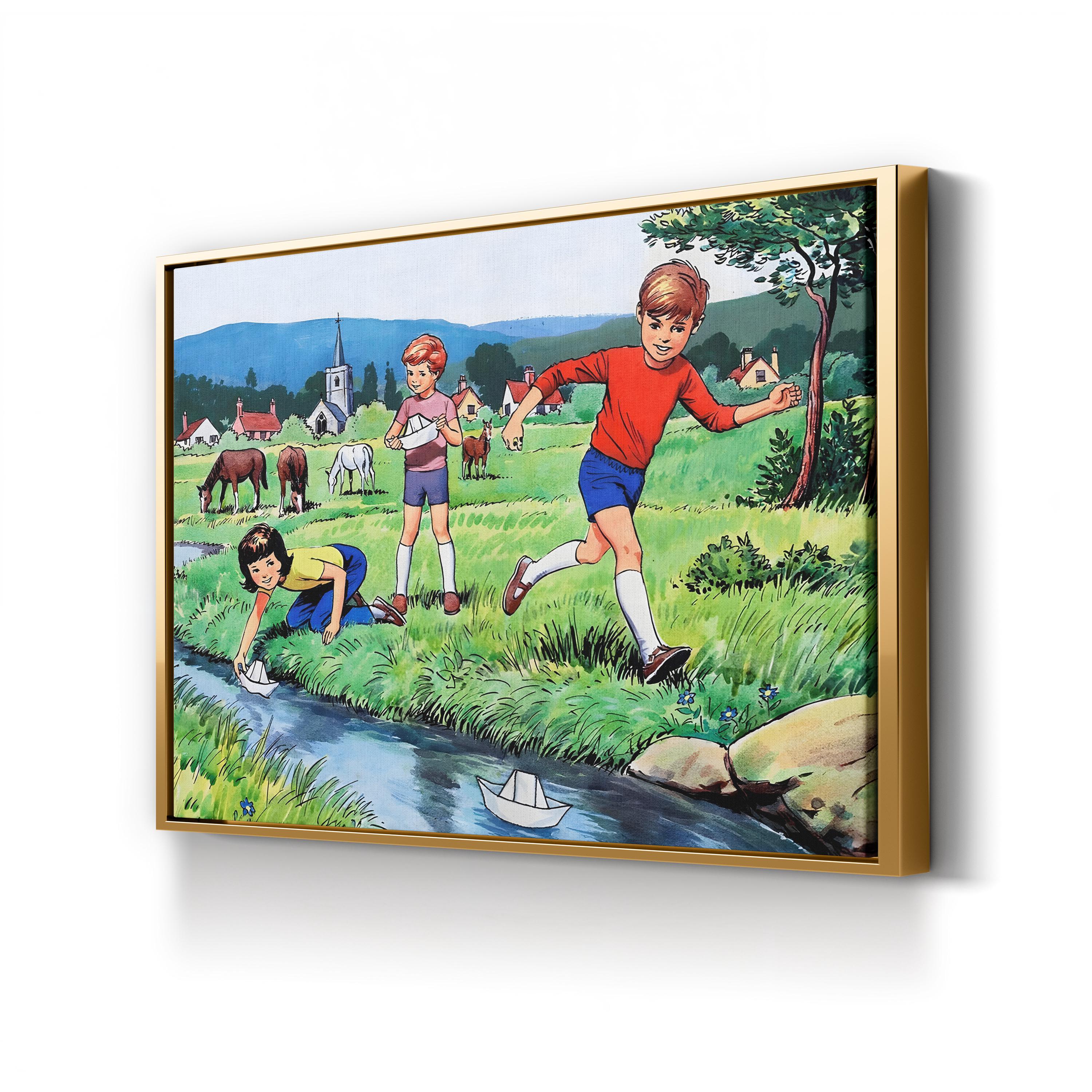 Vintage Children Playing with Sailing Paper Boats canvas print in gold frame