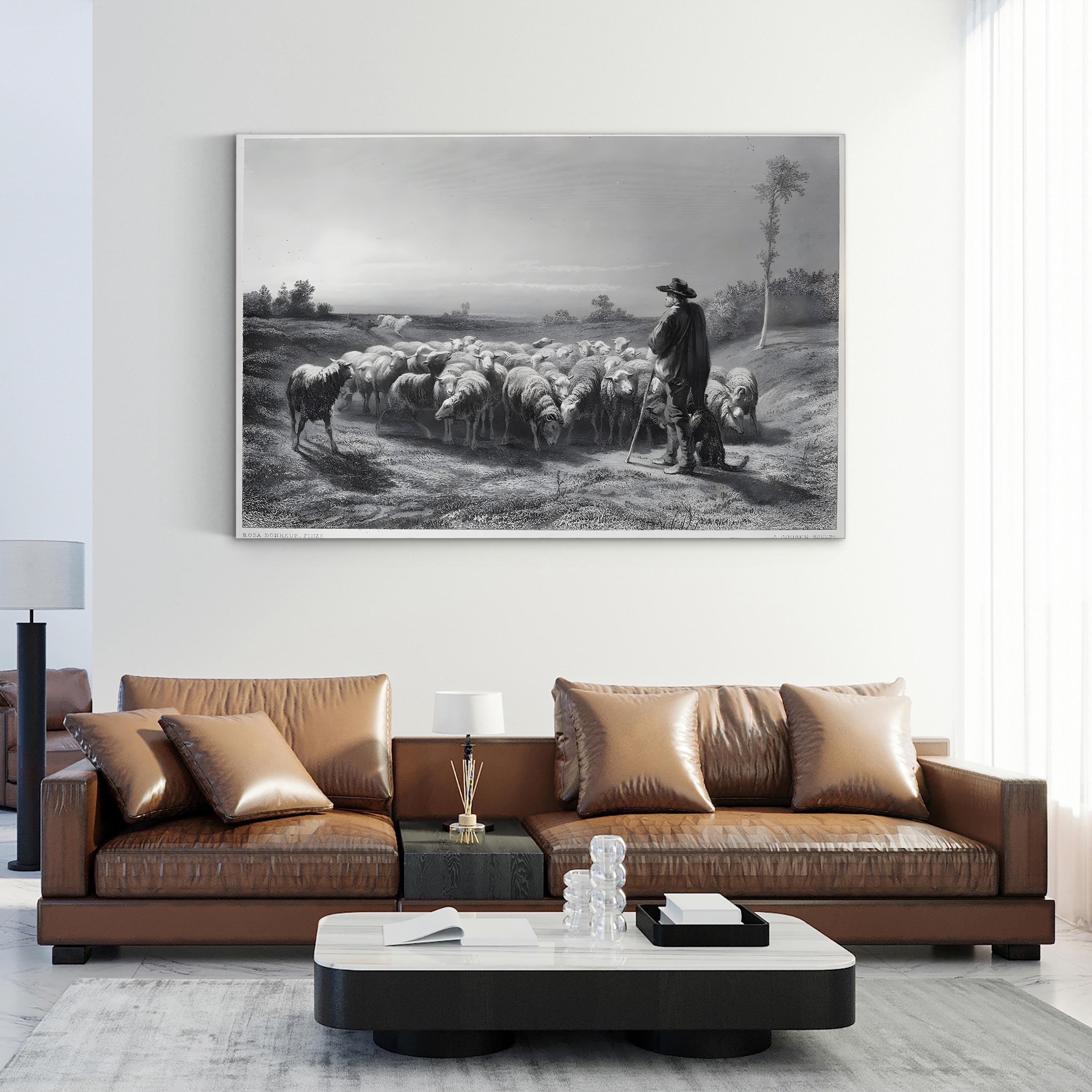Shepherd with Sheep – Period Illustration Wall Art | 19th-Century Pastoral Canvas Print