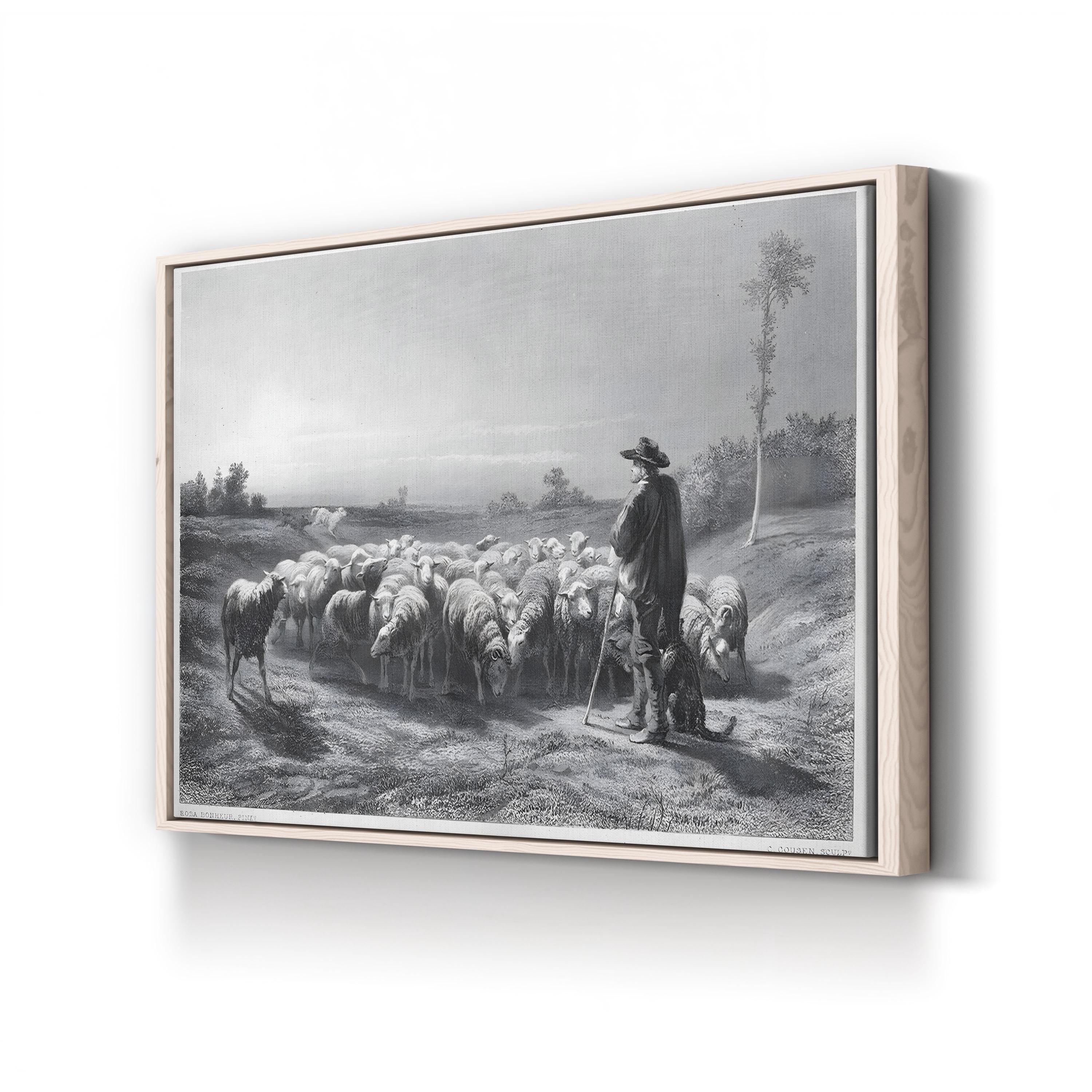 Shepherd with Sheep – Period Illustration Wall Art | 19th-Century Pastoral Canvas Print