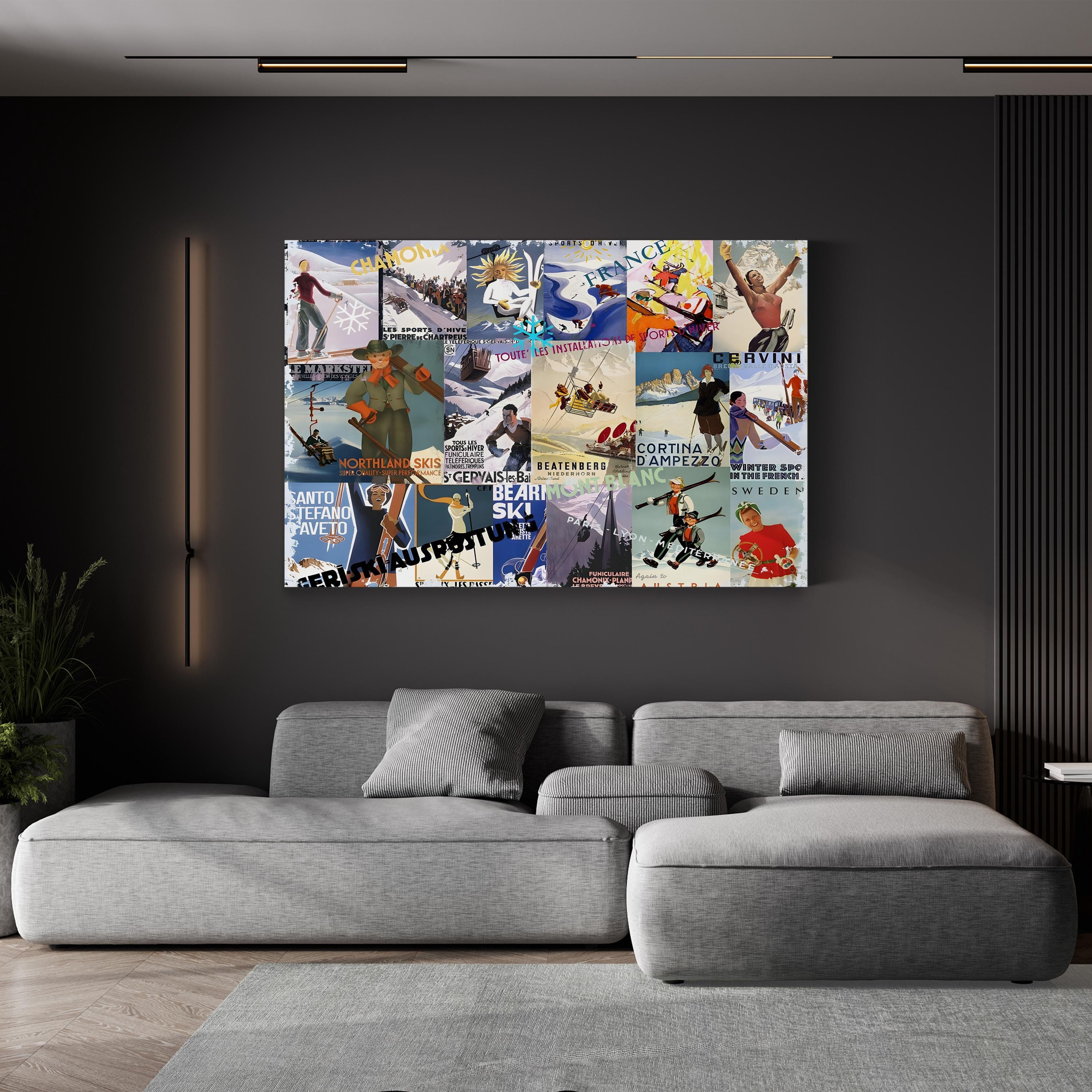 Vintage Ski Poster Collage – Period Illustration Wall Art | Retro Winter Sports Canvas Print