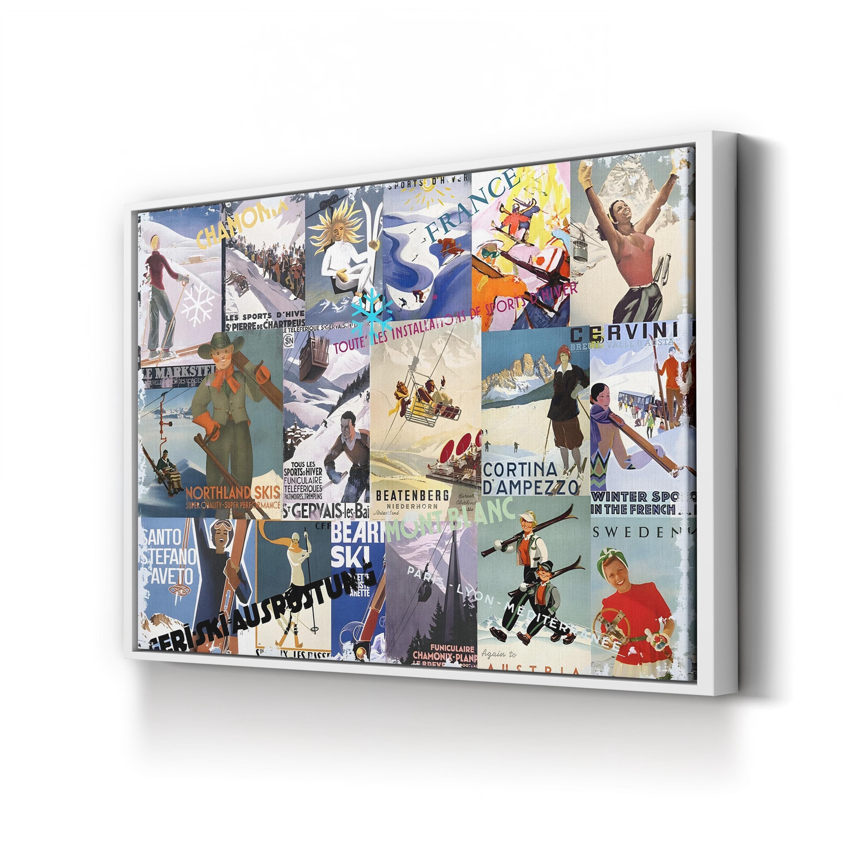 Vintage Ski Poster Collage – Period Illustration Wall Art | Retro Winter Sports Canvas Print