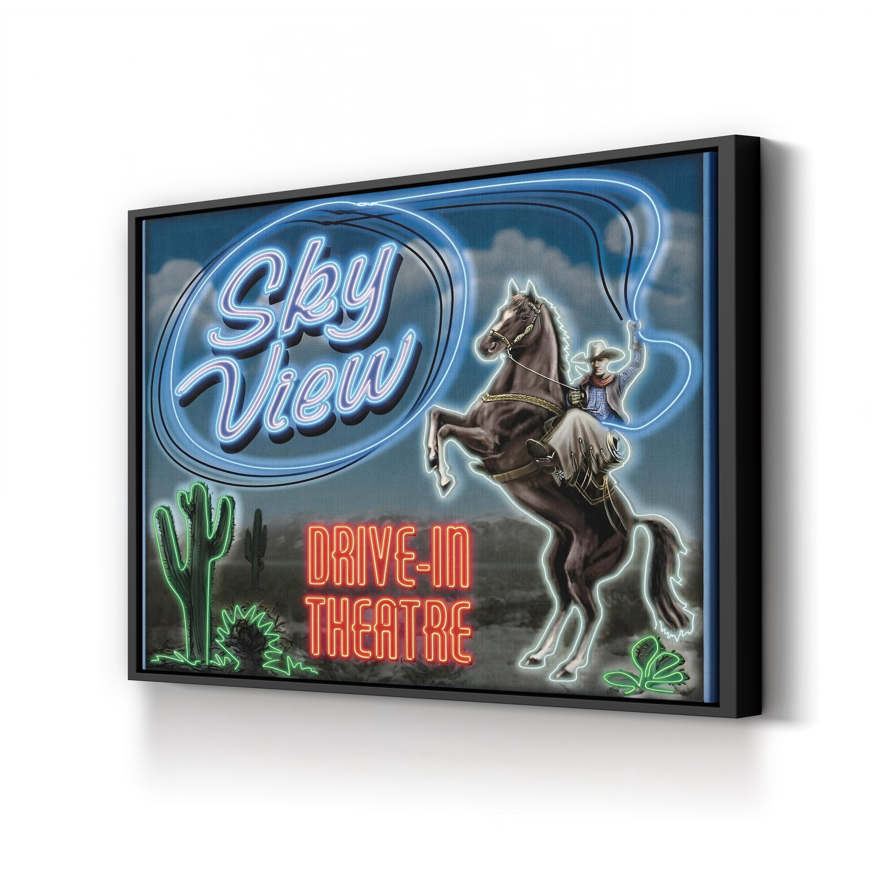 Sky View Drive-In Theater Canvas Art Print – Vintage Cowboy Neon Sign Wall Art