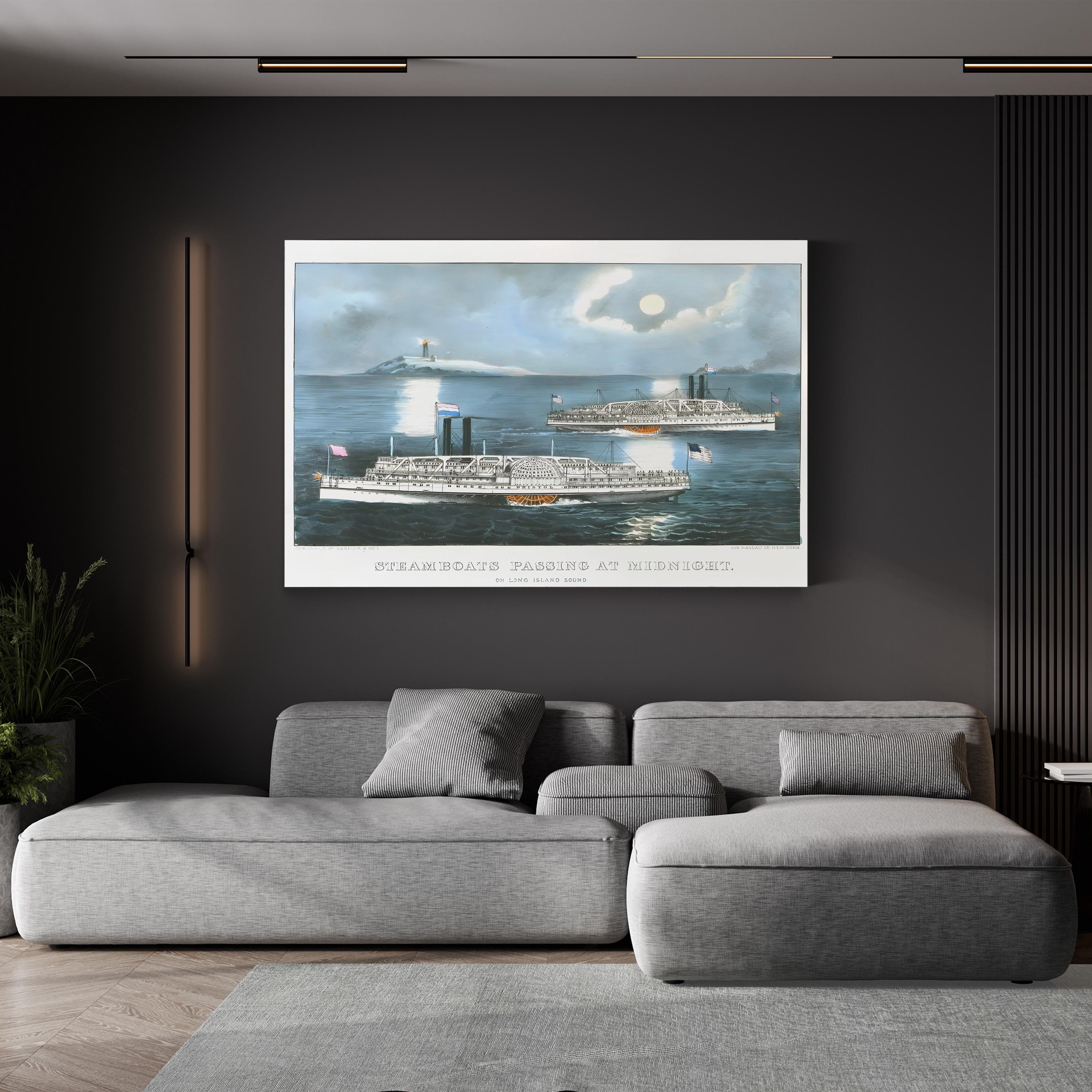Steamboats on Long Island Sound – Period Illustration Wall Art | Nautical Night Canvas Print