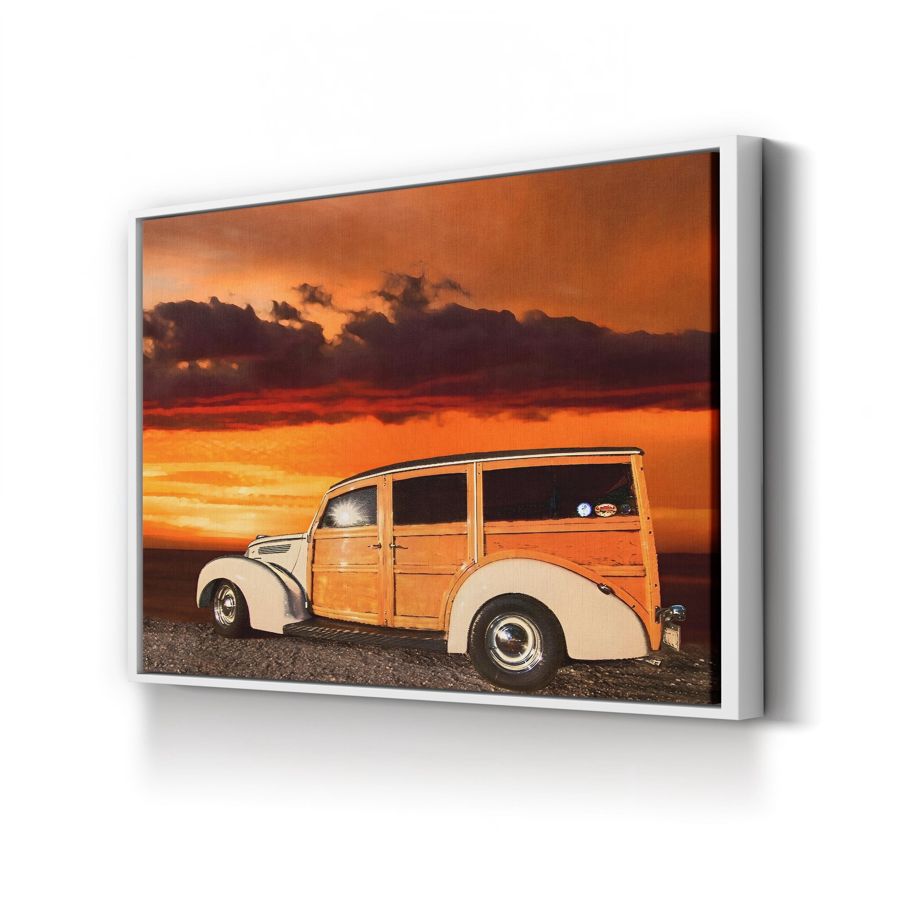 Vintage Woody Wagon Sunset – Vintage Photography Wall Art | Coastal Canvas Print