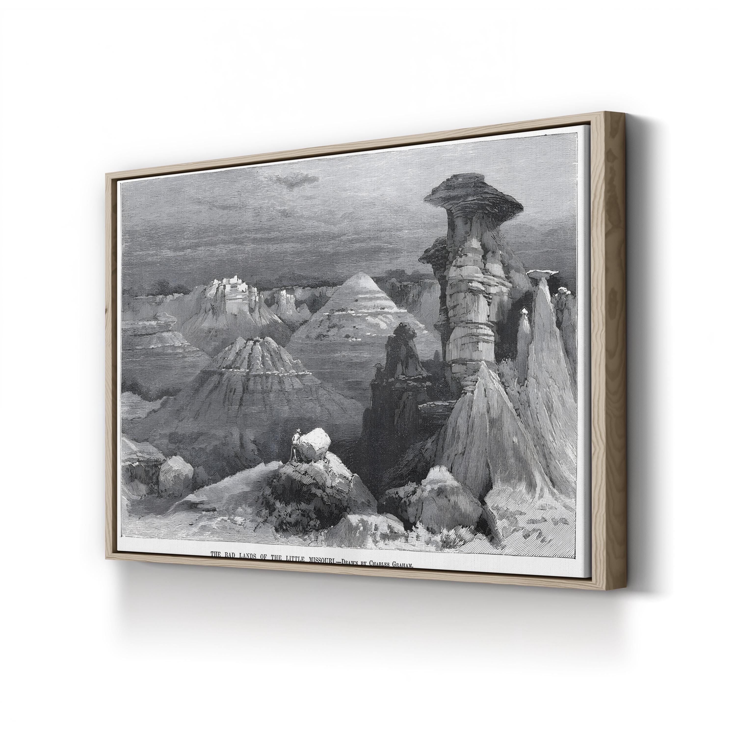 Framed black and white landscape print of a canyon on a white wall