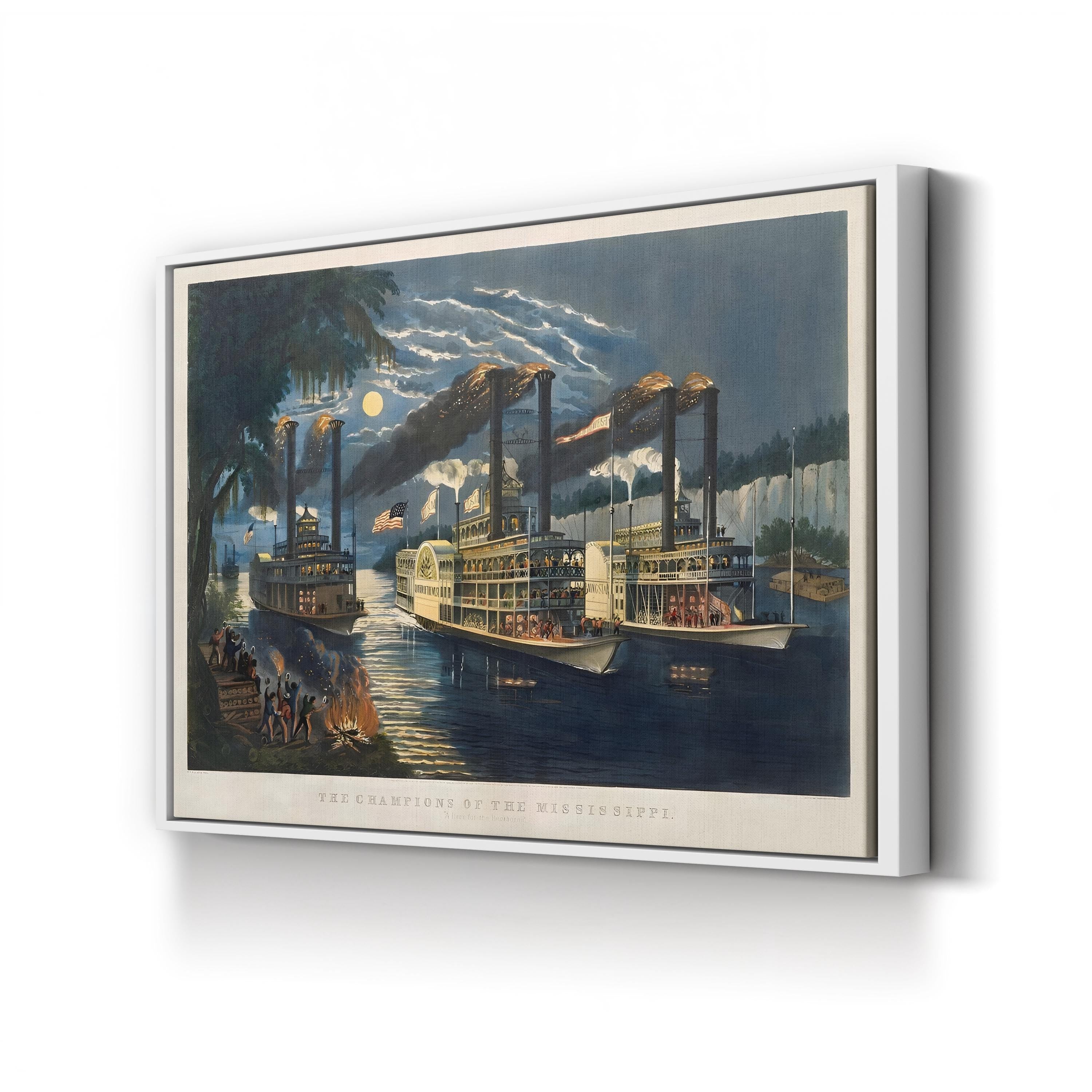 Champions of the Mississippi 1866 – Currier & Ives Wall Art | Vintage Steamboat Lithograph Canvas Print