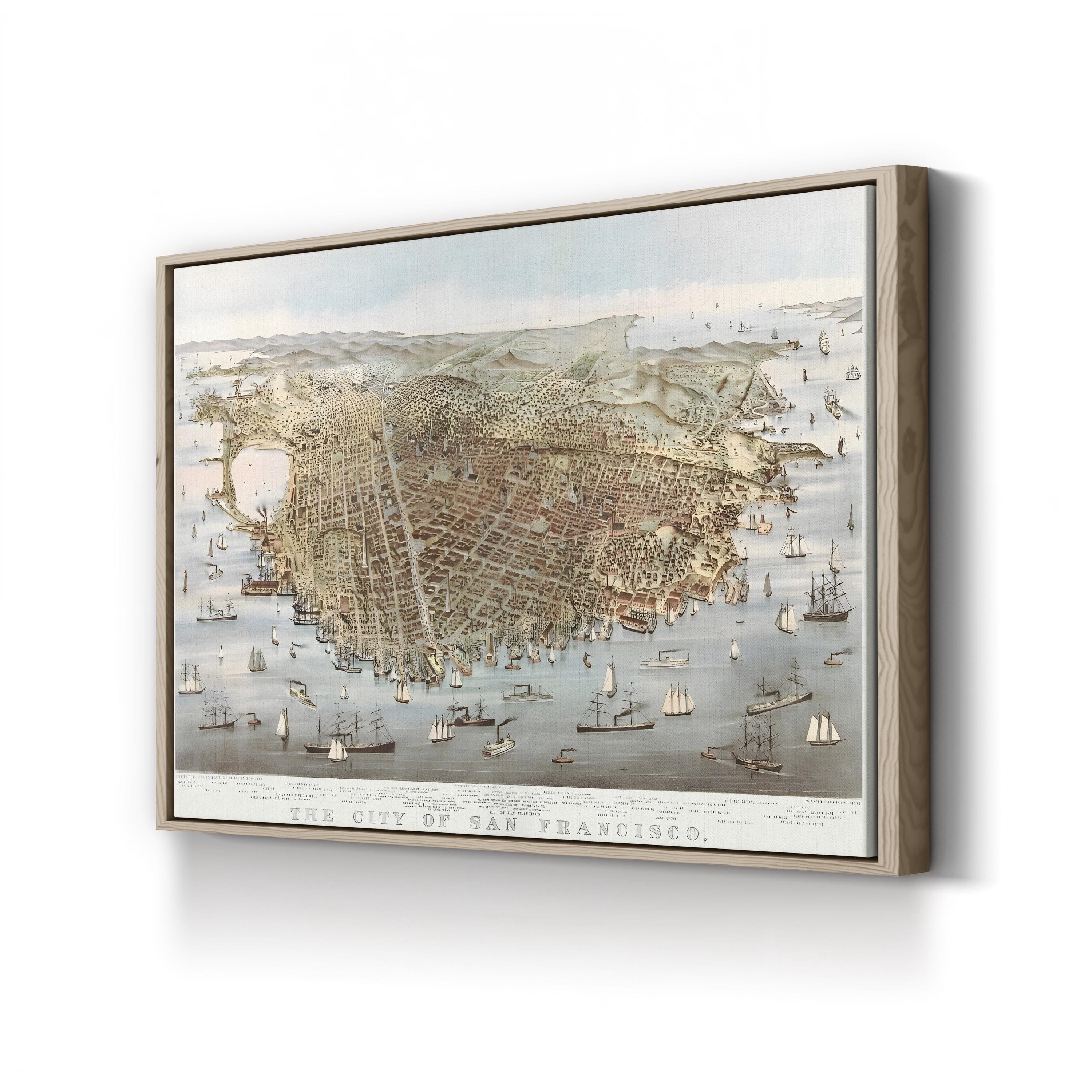 The City of San Francisco, Bird's-Eye View by Charles R. Parsons canvas print in an oak frame