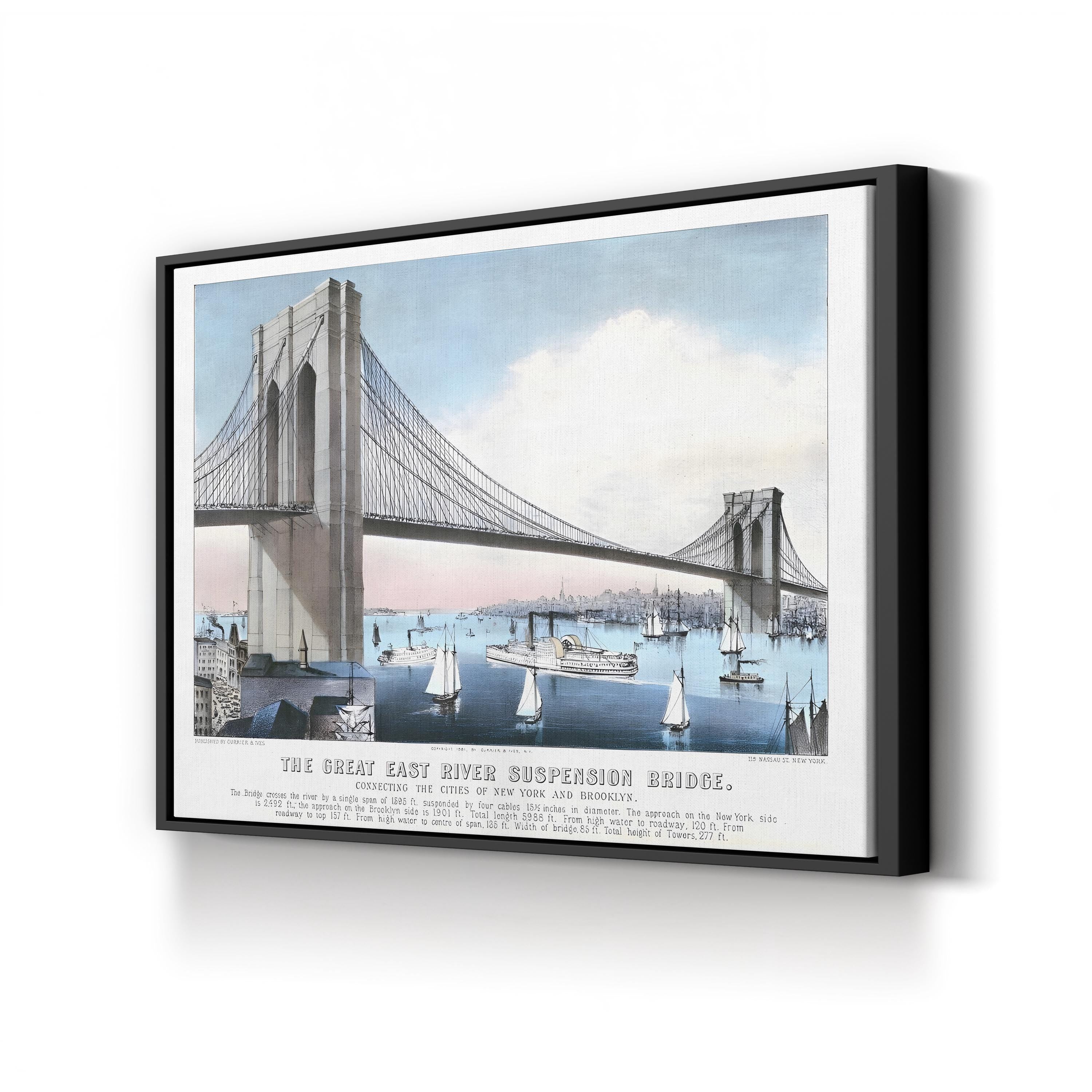 The Great East River Suspension Bridge Connecting the Cities of New York and Brooklyn Wall Art by Currier and Ives – Vintage American Architectural Print