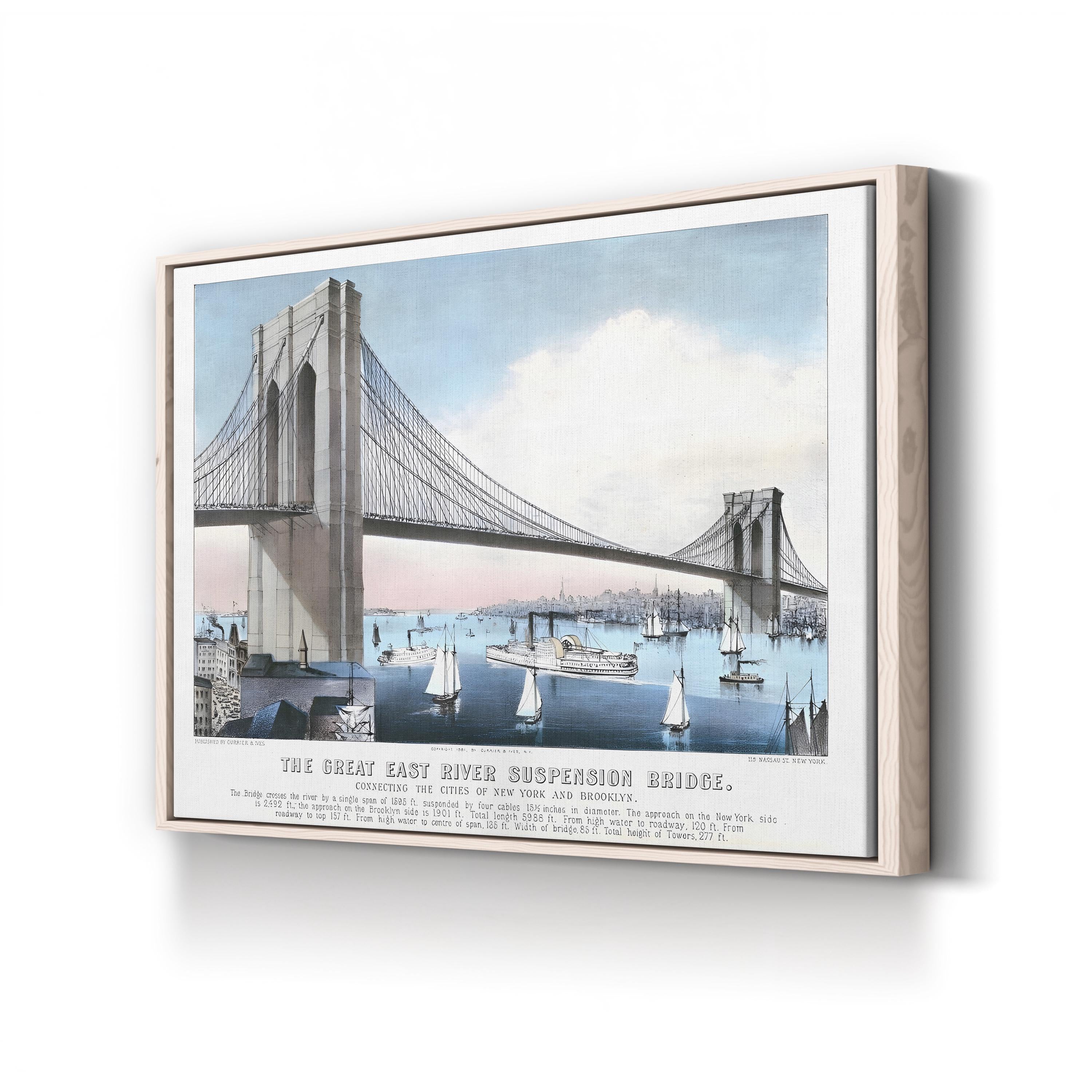 The Great East River Suspension Bridge Connecting the Cities of New York and Brooklyn Wall Art by Currier and Ives – Vintage American Architectural Print