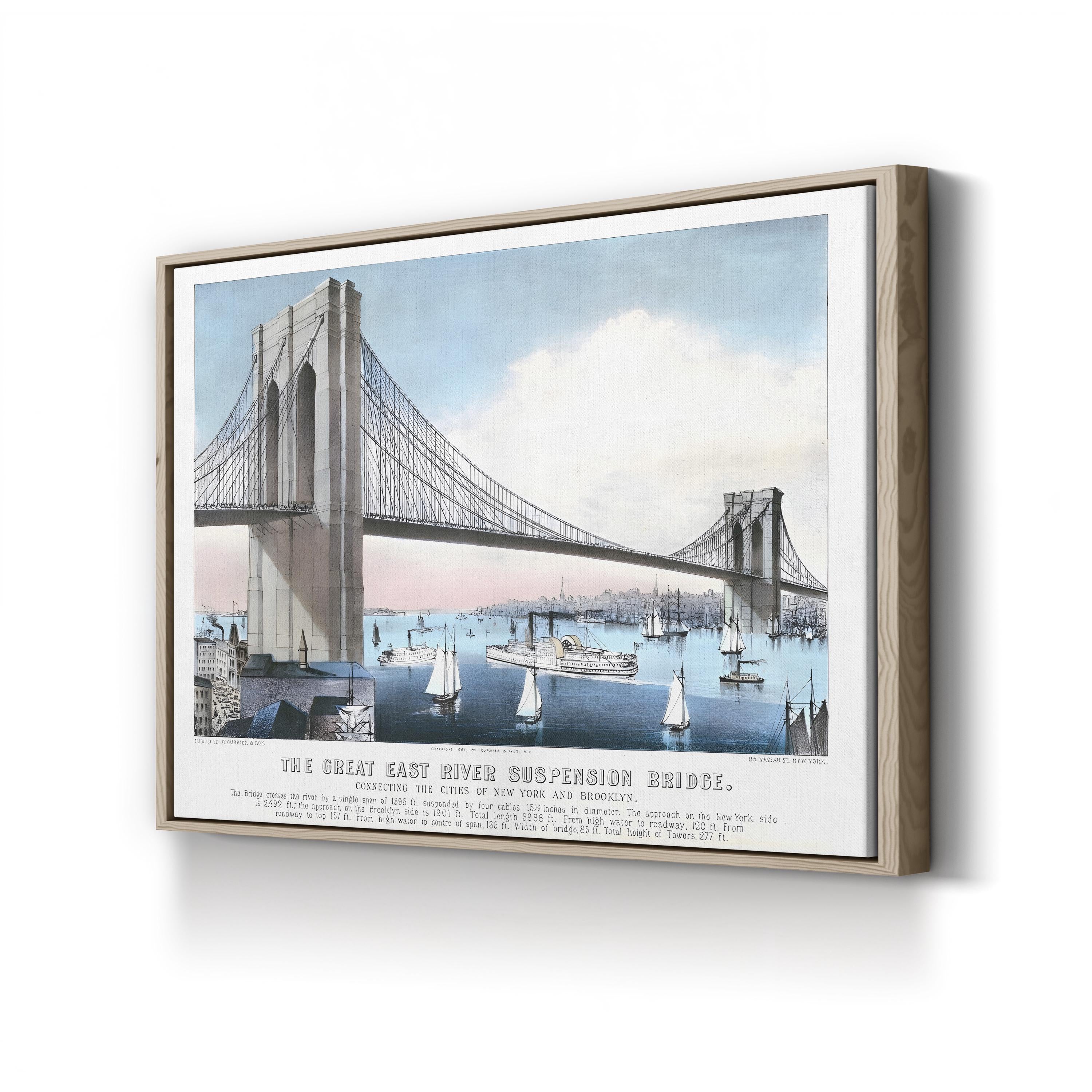 The Great East River Suspension Bridge Connecting the Cities of New York and Brooklyn Wall Art by Currier and Ives – Vintage American Architectural Print