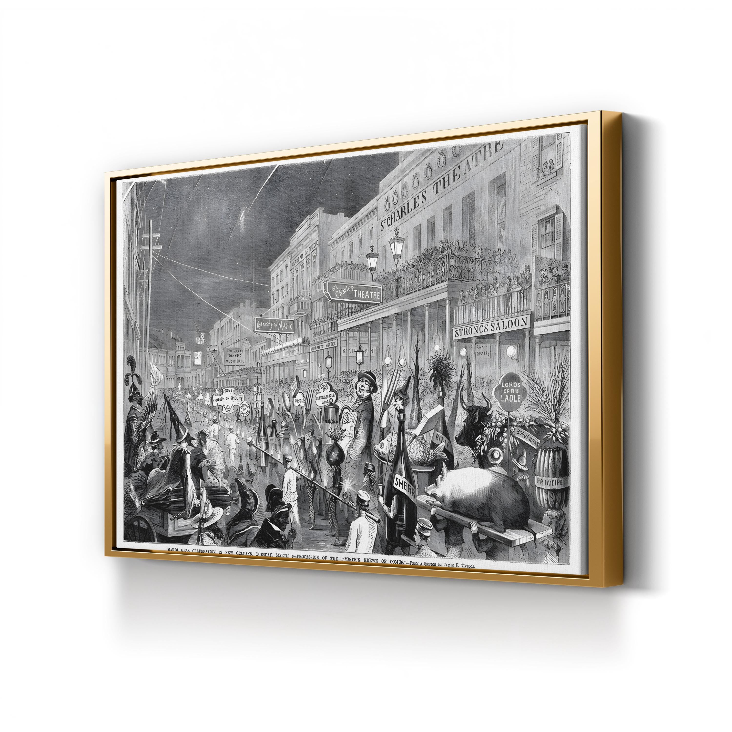 The Mardi Gras Parade in New Orleans, 1867 Wall Art by James E. Taylor – Vintage Historical Illustration Canvas