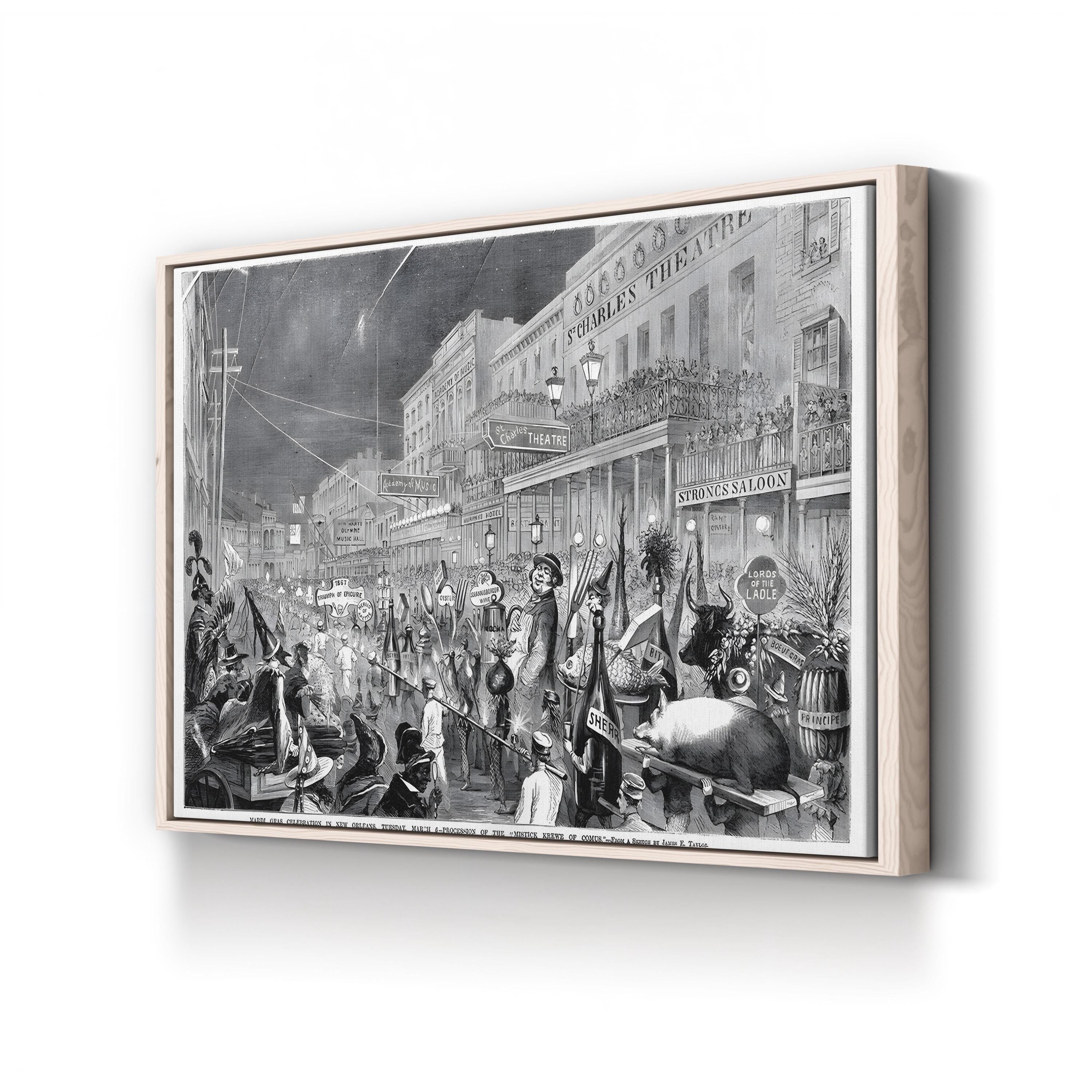 The Mardi Gras Parade in New Orleans, 1867 Wall Art by James E. Taylor – Vintage Historical Illustration Canvas
