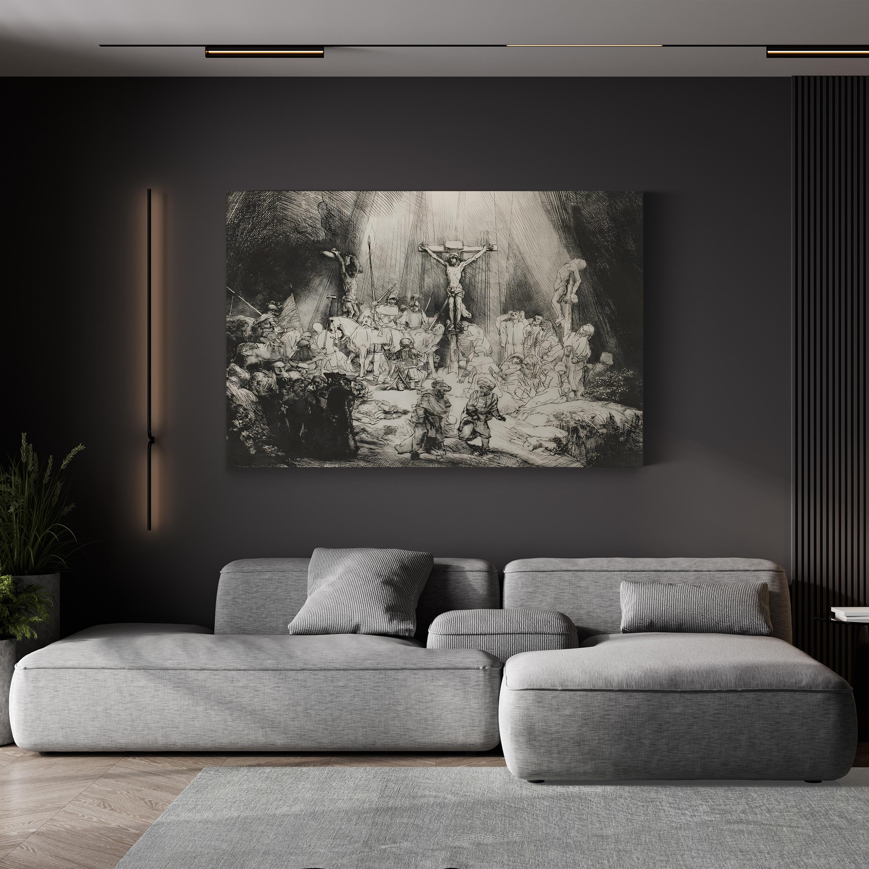 The Three Crosses Wall Art – Rembrandt 1633 Black and White Religious Print