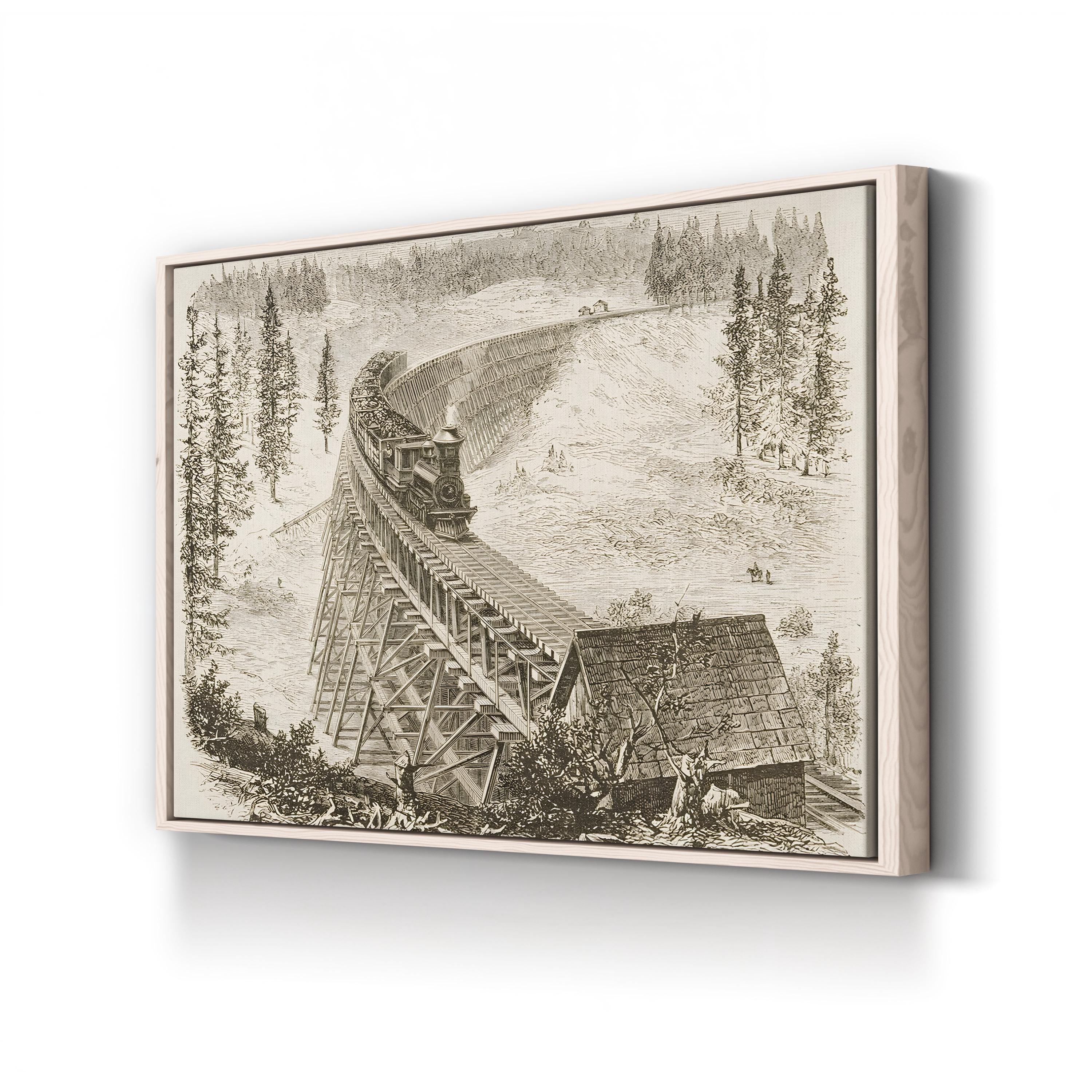 Railroad Trestle Bridge, 1870s – Period Illustration Wall Art | Industrial Landscape Canvas Print