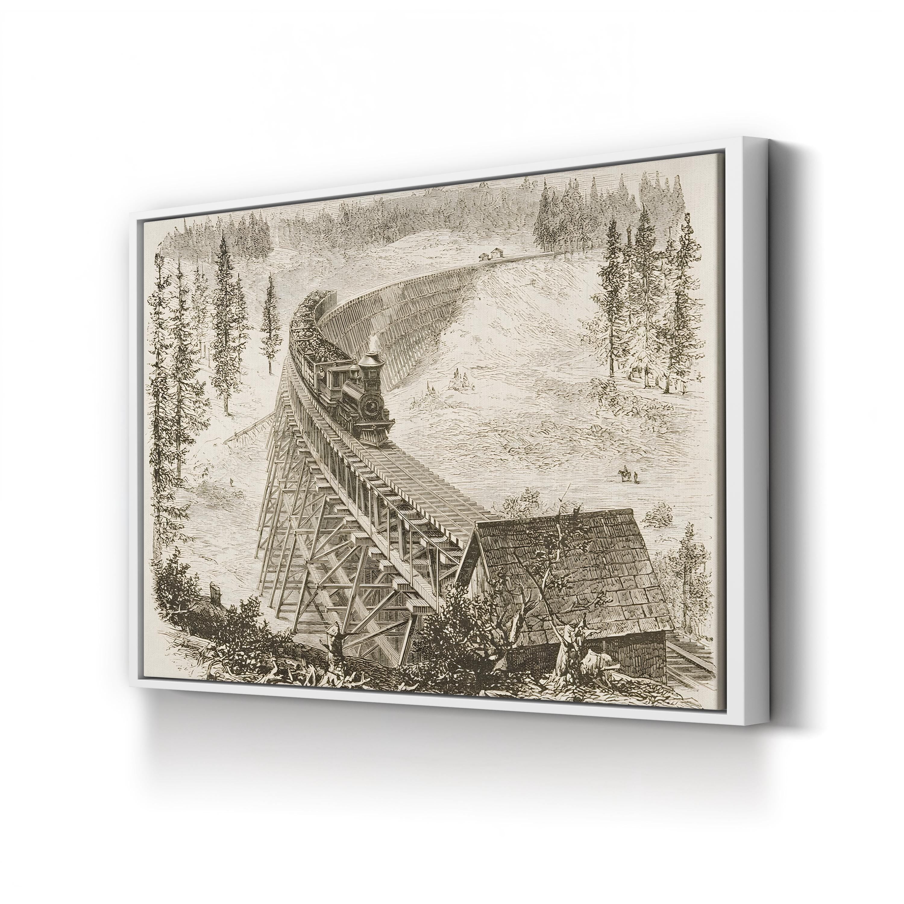 Railroad Trestle Bridge, 1870s – Period Illustration Wall Art | Industrial Landscape Canvas Print