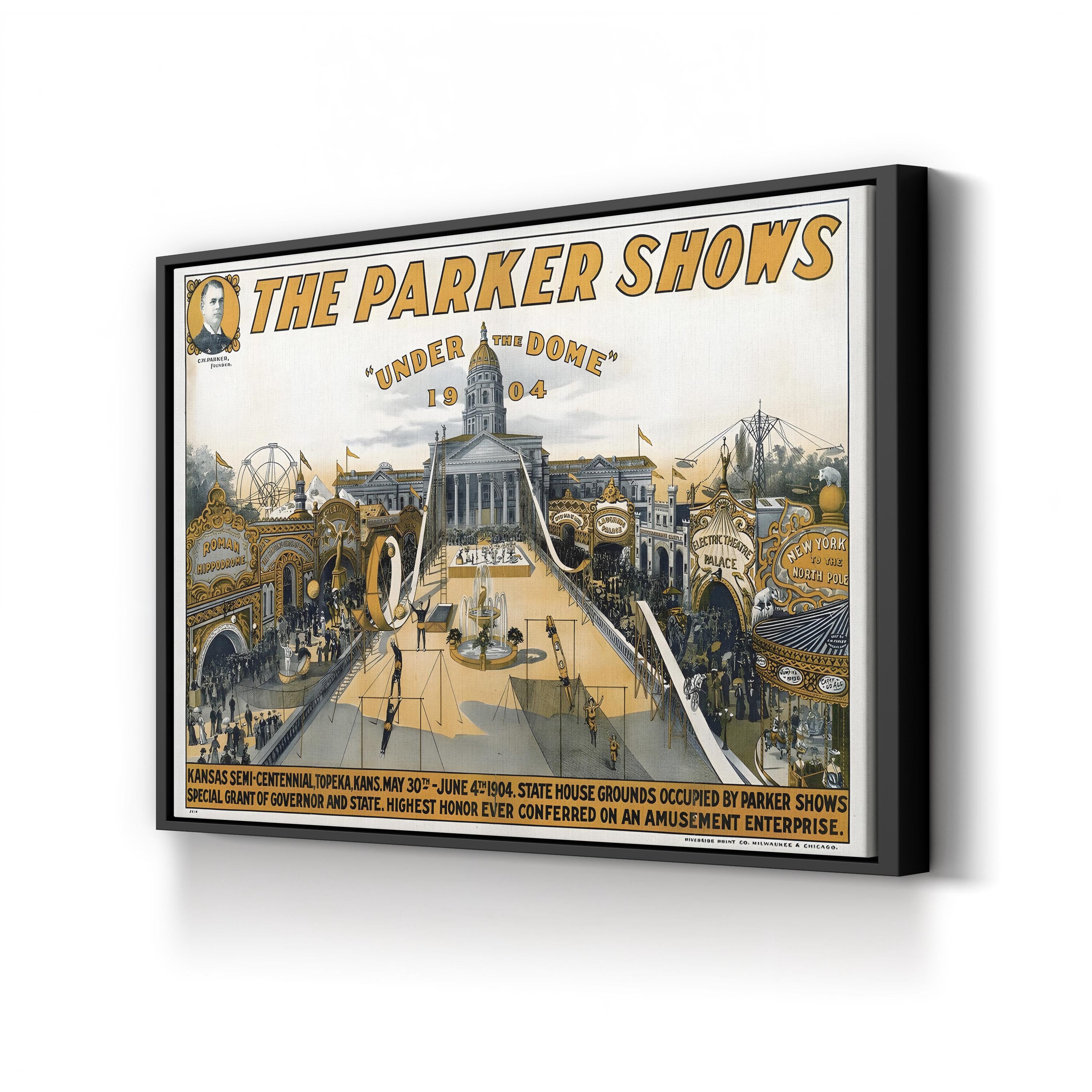 The Parker Shows 1904 Topeka Kansas poster canvas print in Black Framed Canvas