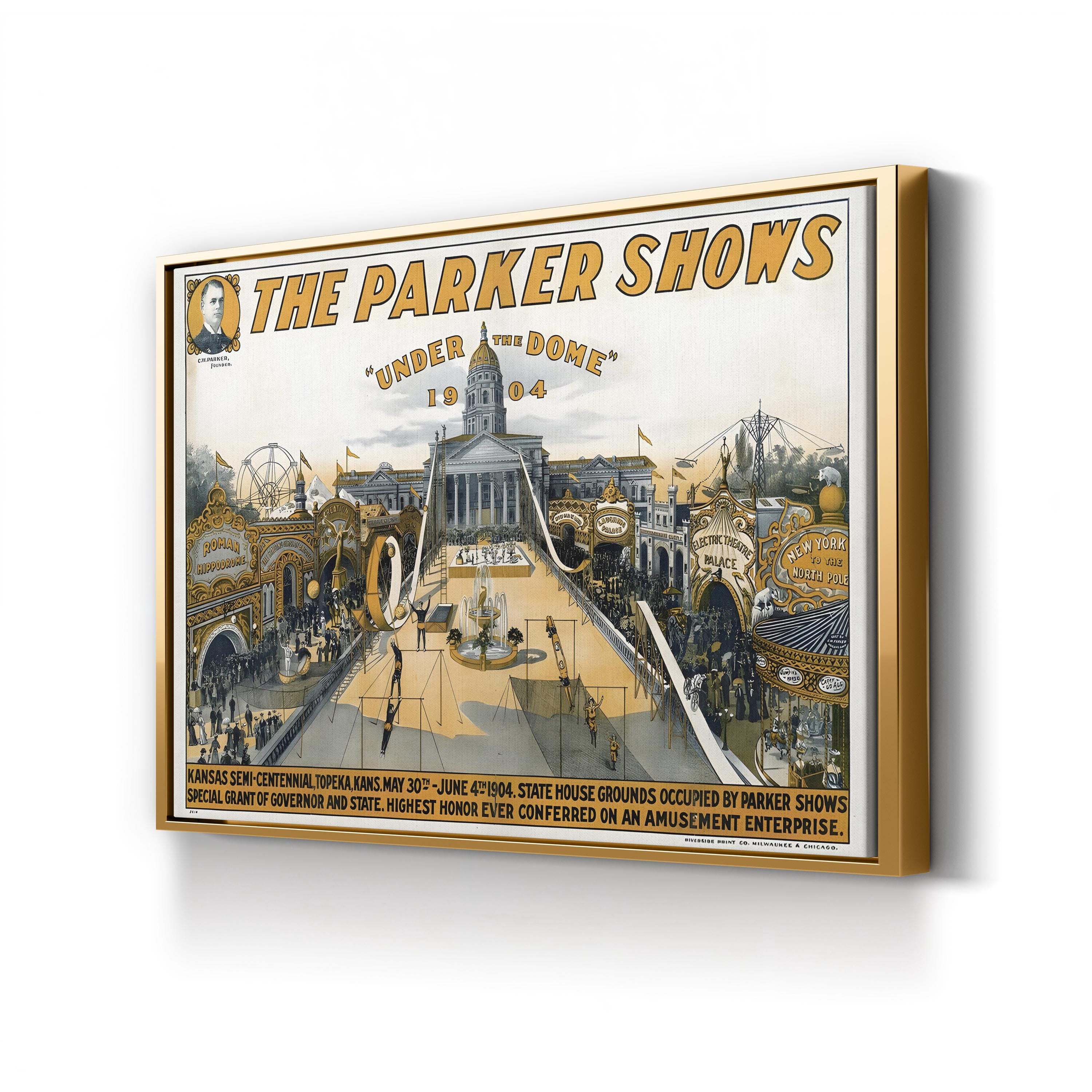 The Parker Shows 1904 Topeka Kansas poster canvas print in Gold Framed Canvas