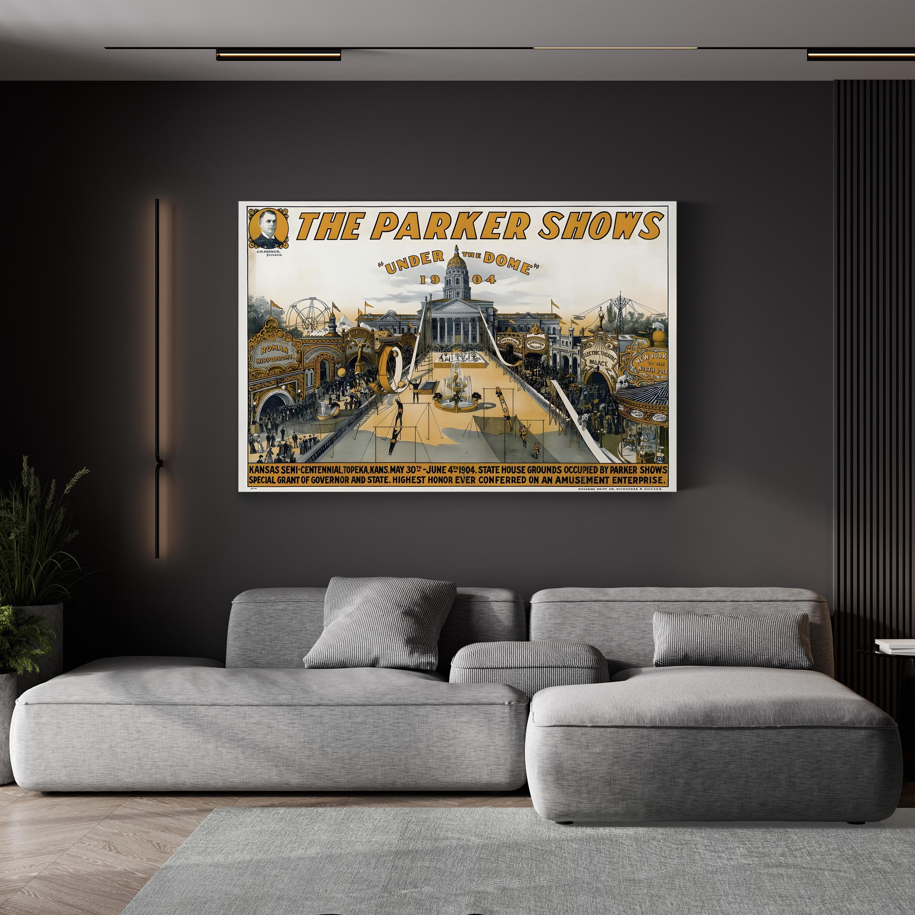 The Parker Shows 1904 Topeka Kansas poster canvas print displayed in a modern living room