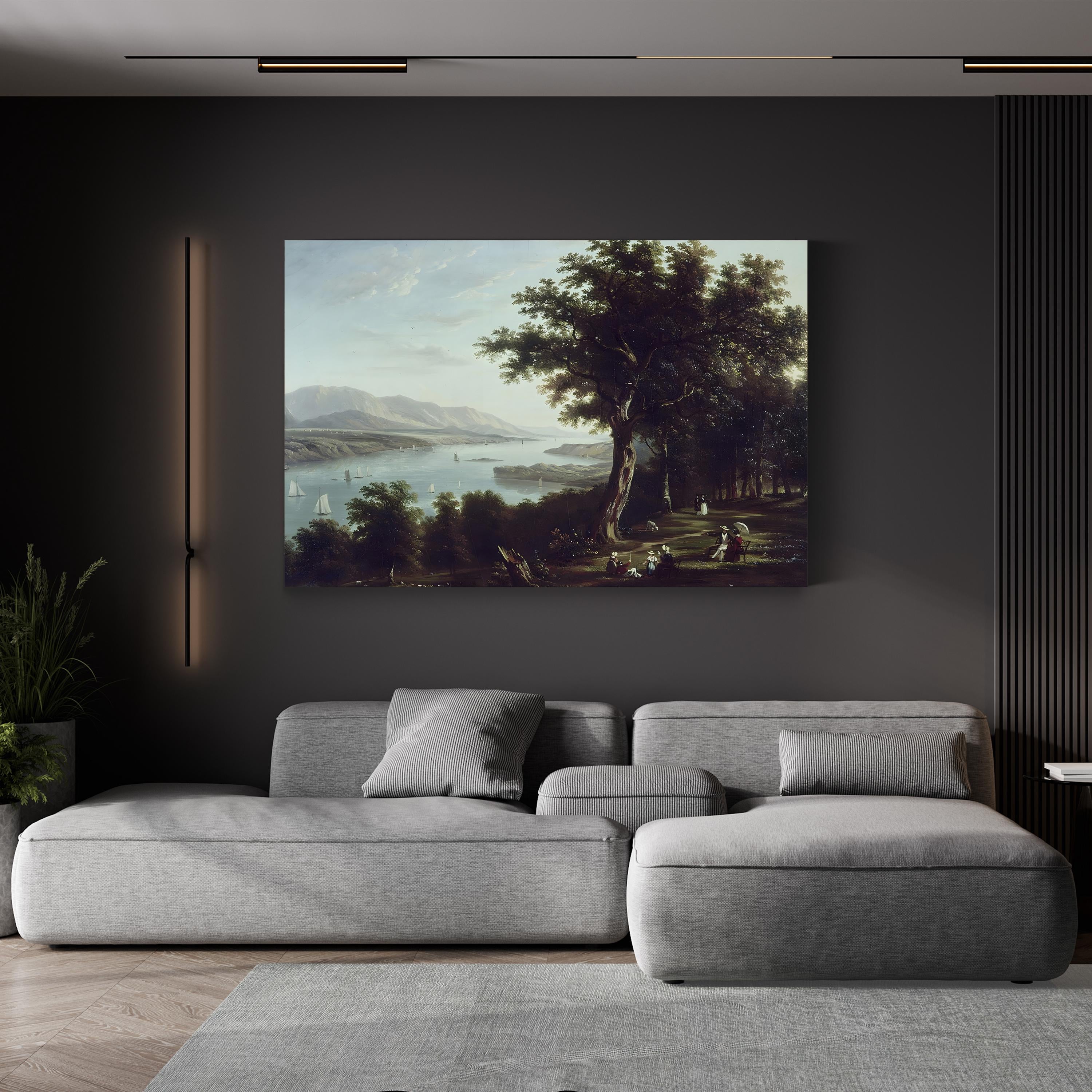 View From Hyde Park on the Hudson River (c.1836) – Framed Vintage Landscape Canvas Art by William Henry Bartlett