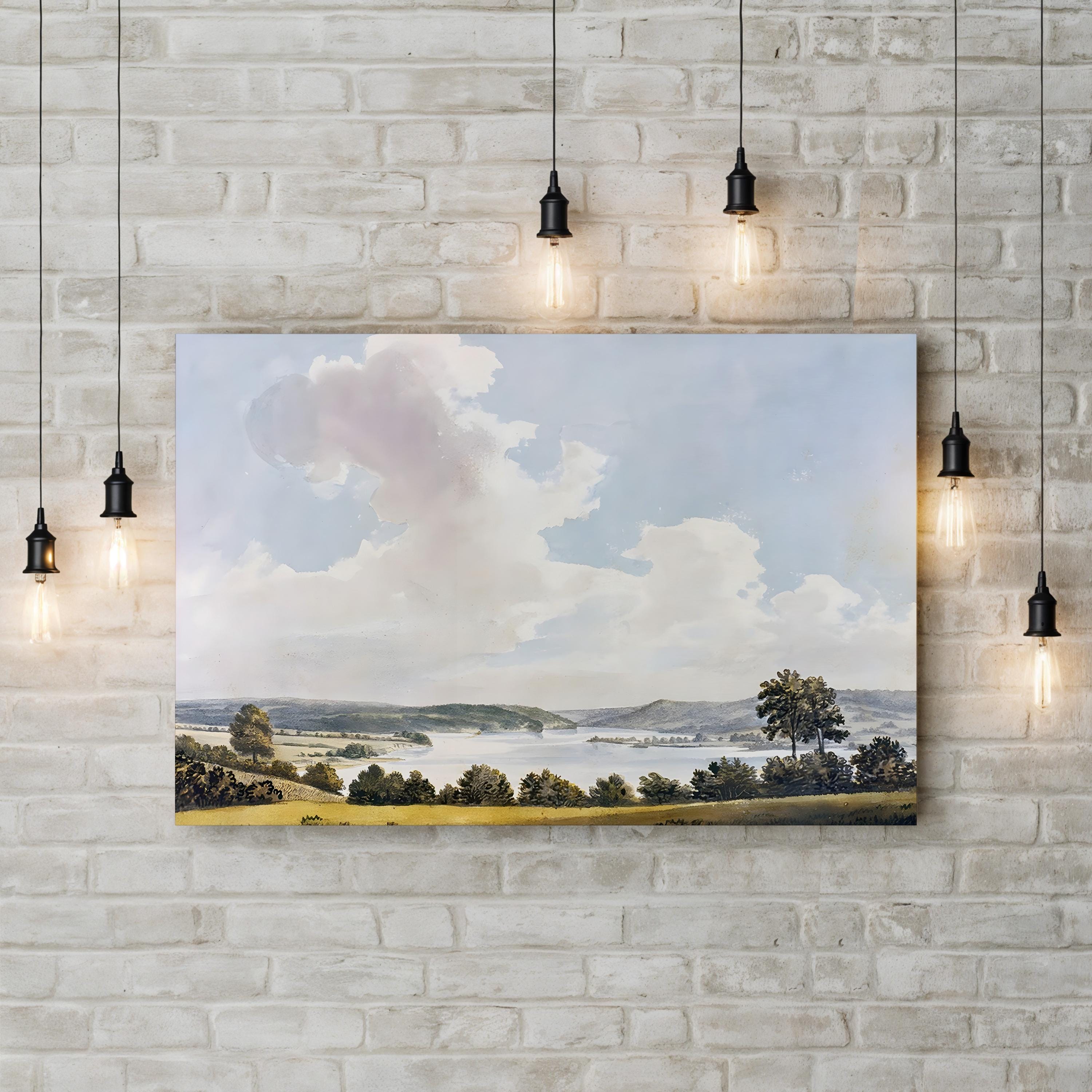 River Through Rolling Hills – Period Illustration Wall Art | Serene Landscape Canvas Print