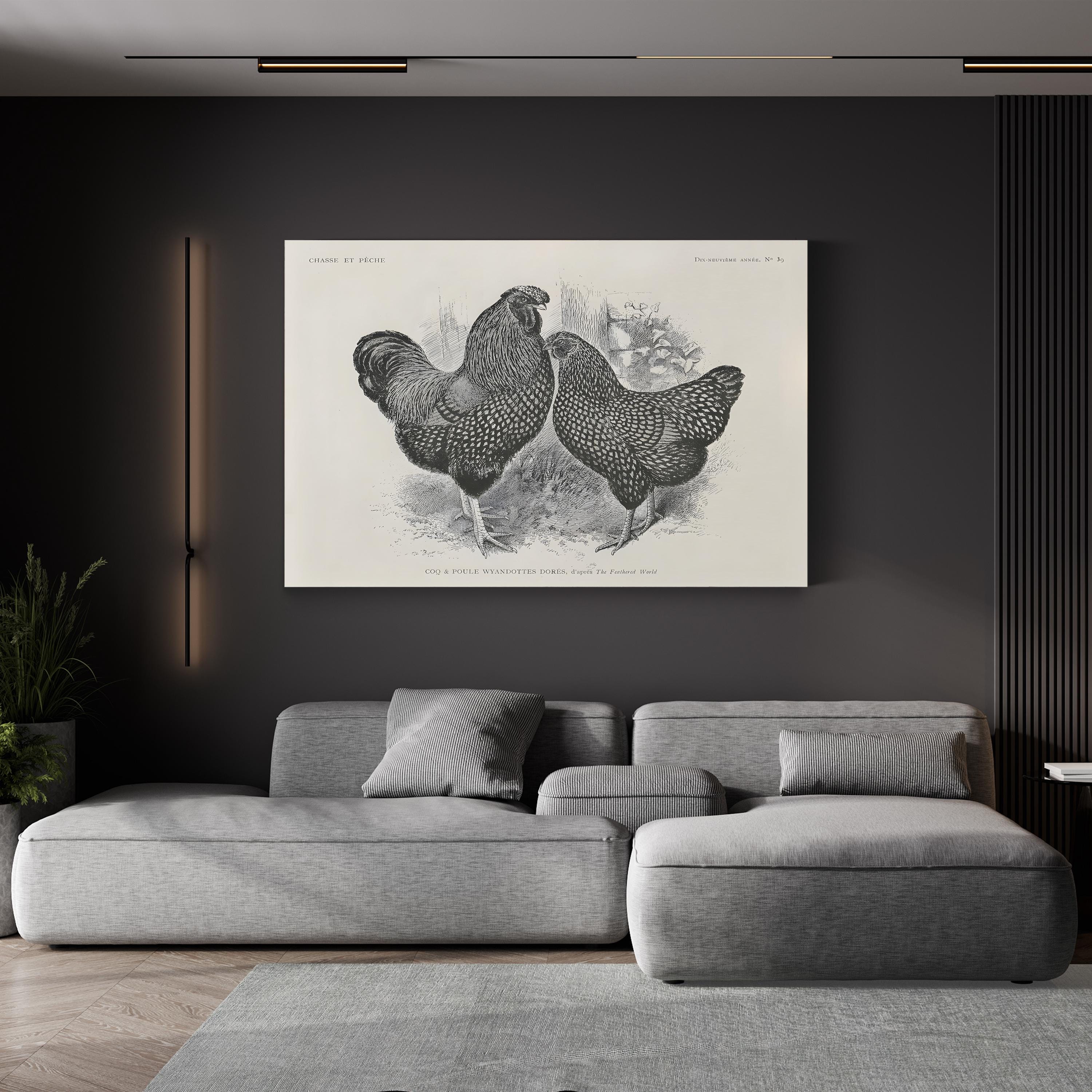 Farmhouse Rooster & Chickens – Period Illustration Wall Art | Black & White Etching Canvas Print