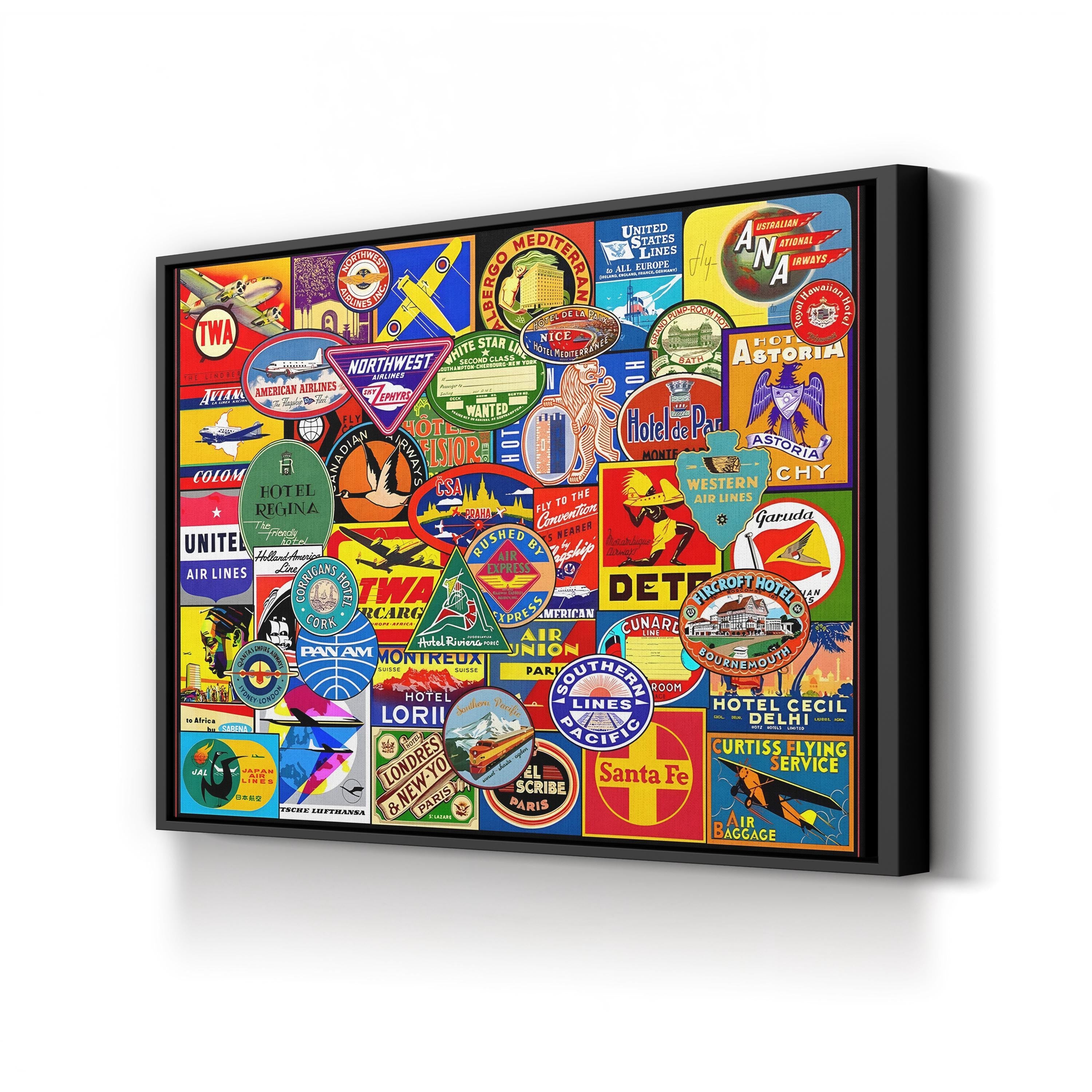 Vintage Travel Luggage Stickers – Period Illustration Wall Art | Retro Wanderlust Canvas Print