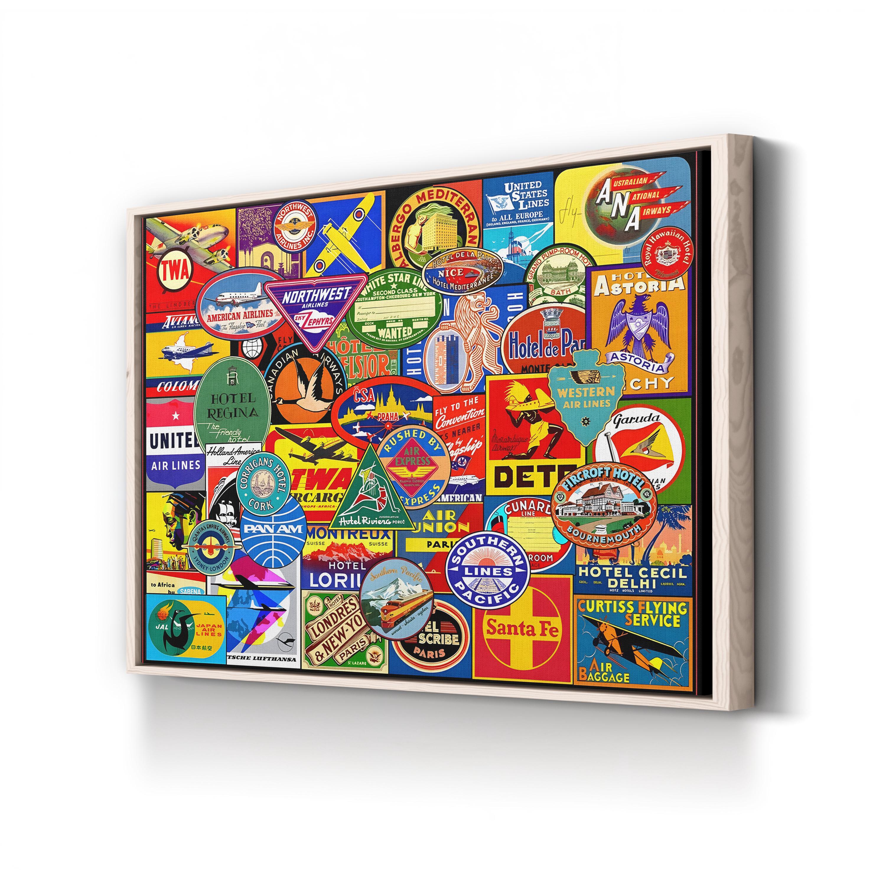 Vintage Travel Luggage Stickers – Period Illustration Wall Art | Retro Wanderlust Canvas Print
