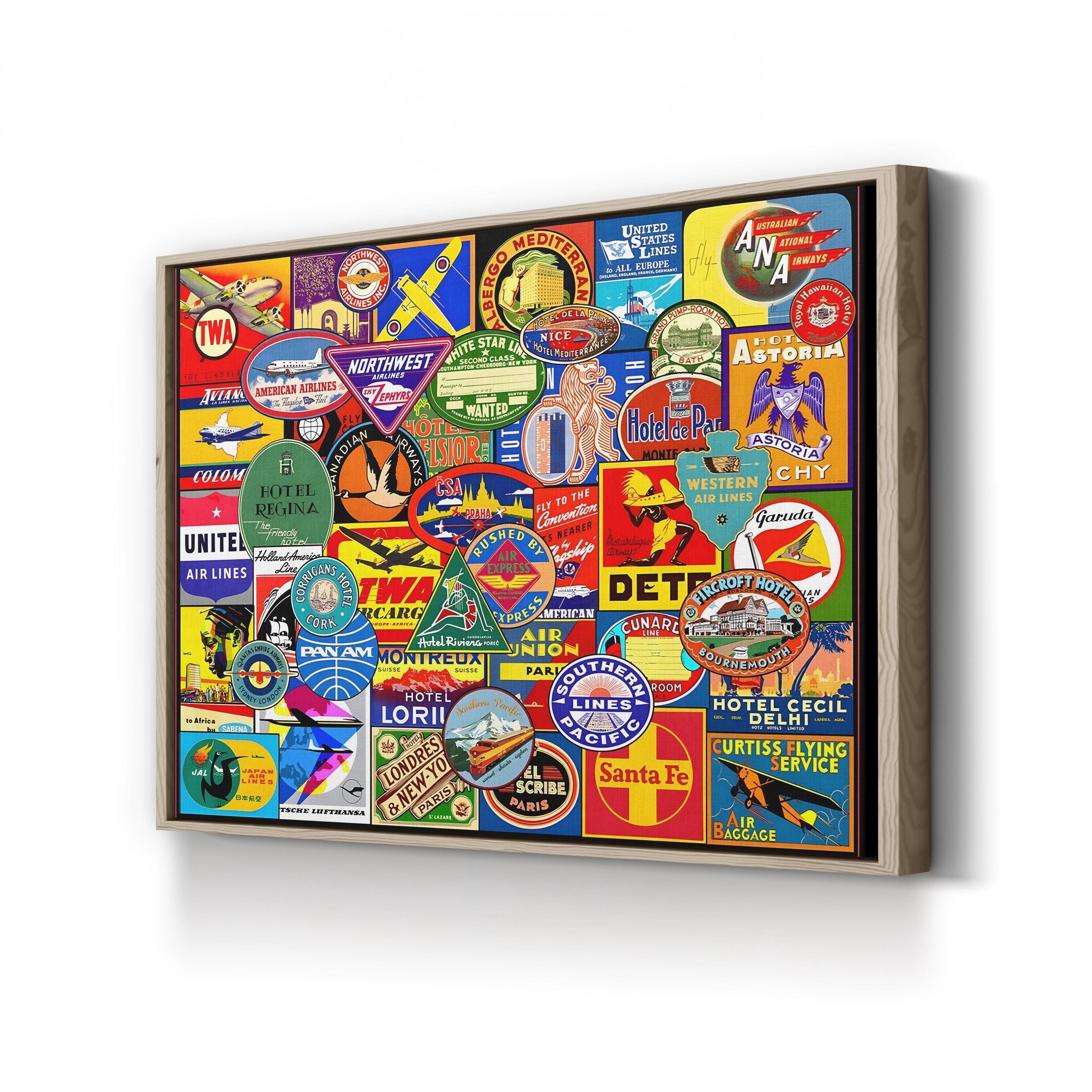 Vintage Travel Luggage Stickers – Period Illustration Wall Art | Retro Wanderlust Canvas Print