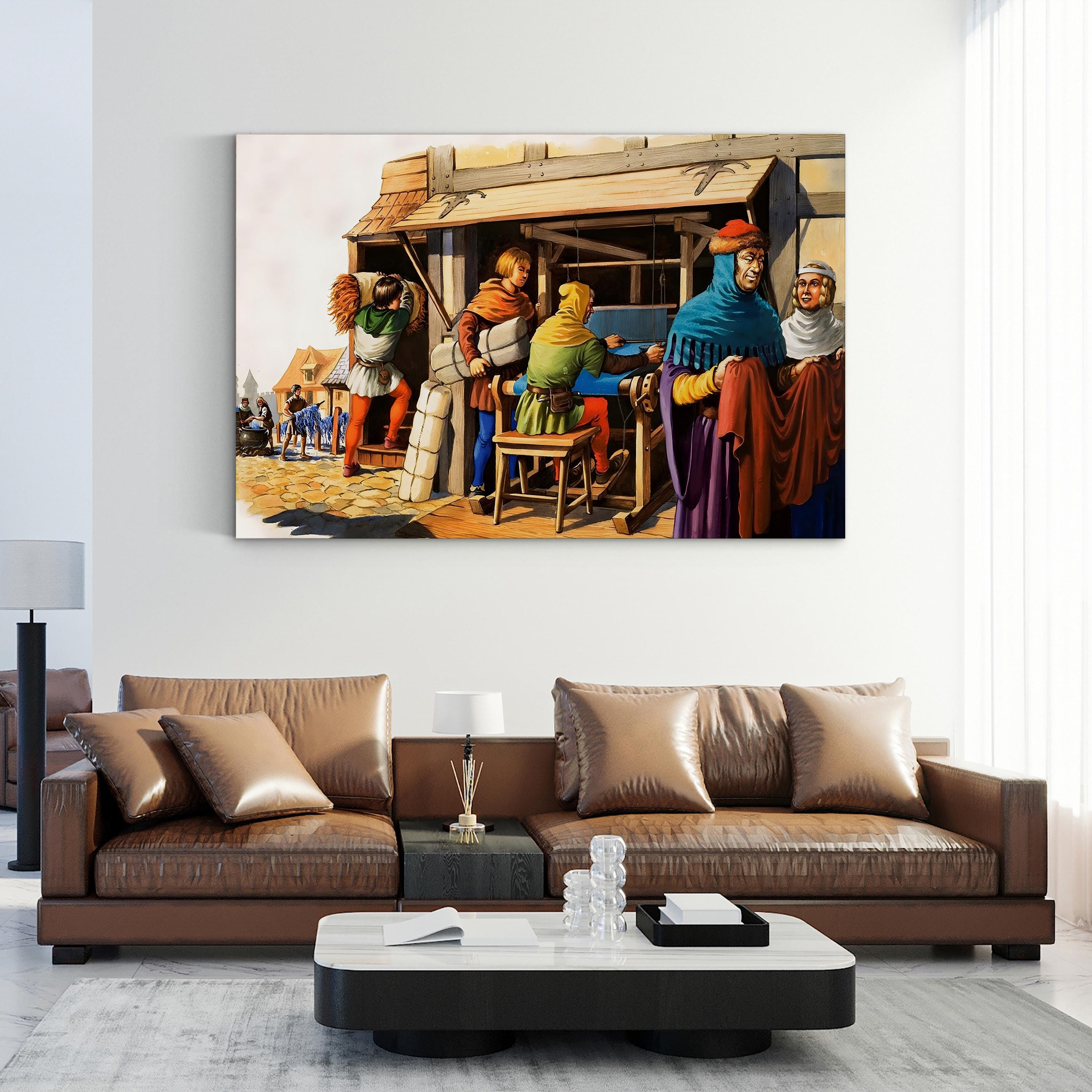 Weaving on a Loom Medieval Craft – Michael Godfrey Wall Art | Historical Canvas Print