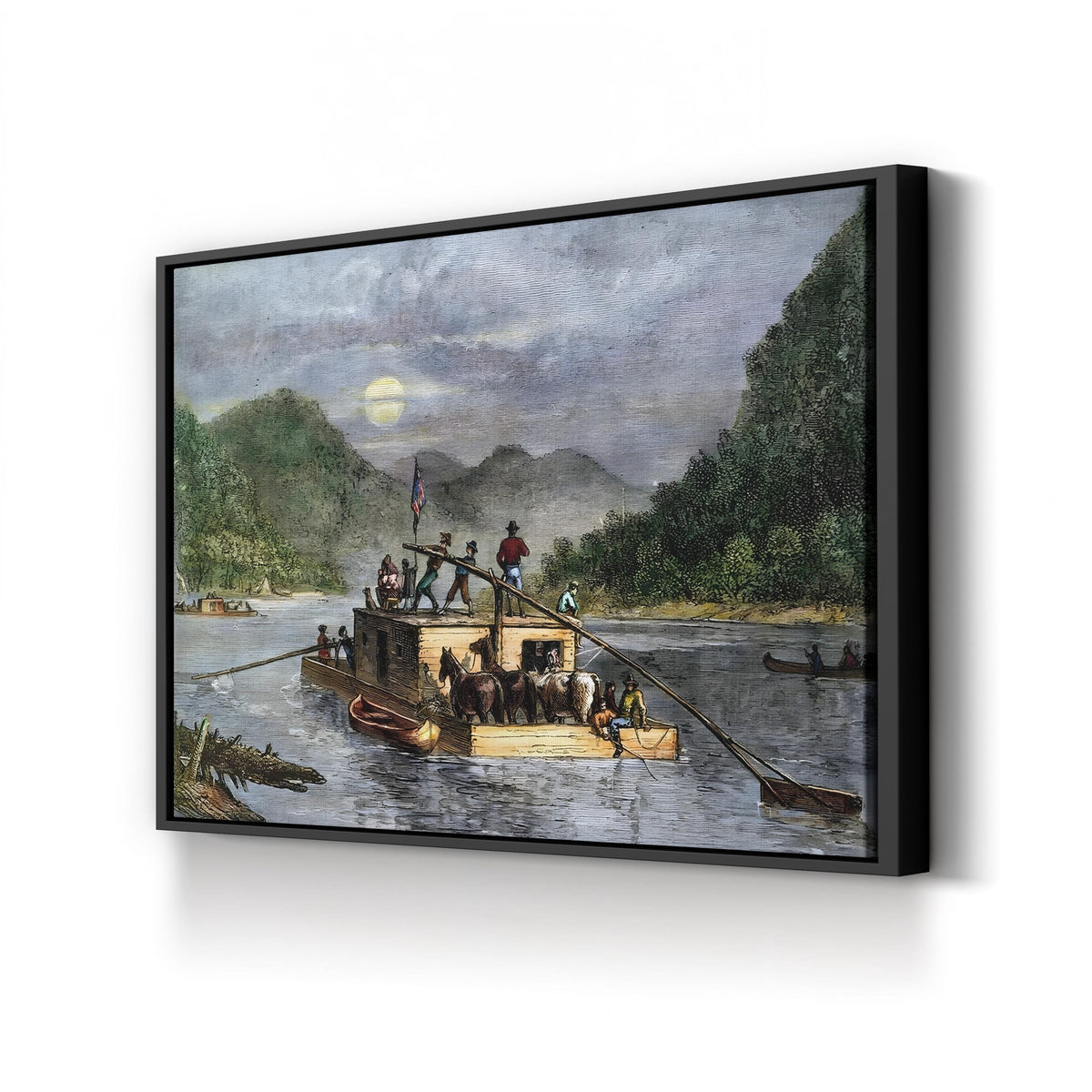 Flatboat on an American River, 19th Century Wall Art — Vintage River Transport Illustration canvas print in Black Framed Canvas