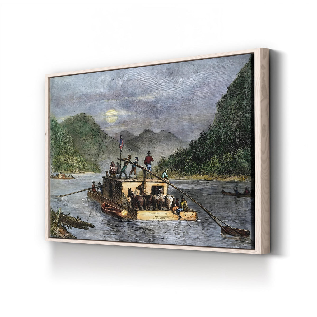 Flatboat on an American River, 19th Century Wall Art — Vintage River Transport Illustration canvas print in Natural Frame Canvas