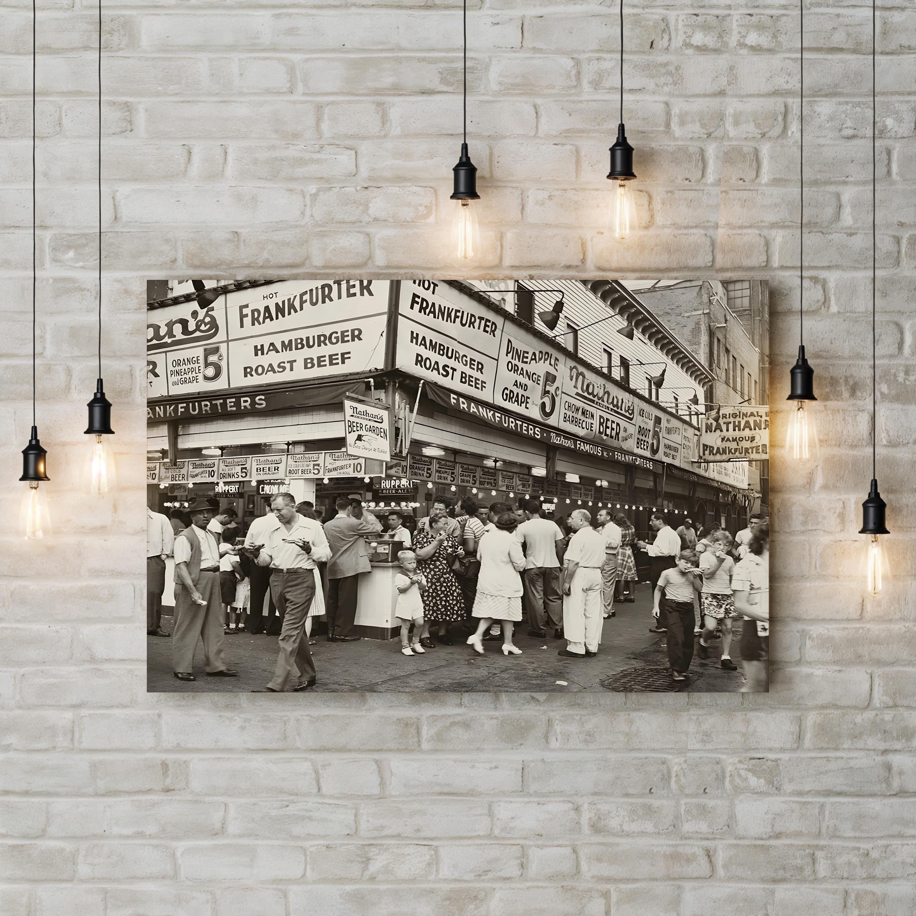 Nathan's Famous Coney Island, 1947 – Vintage Photography Wall Art | NYC Street Scene Canvas Print