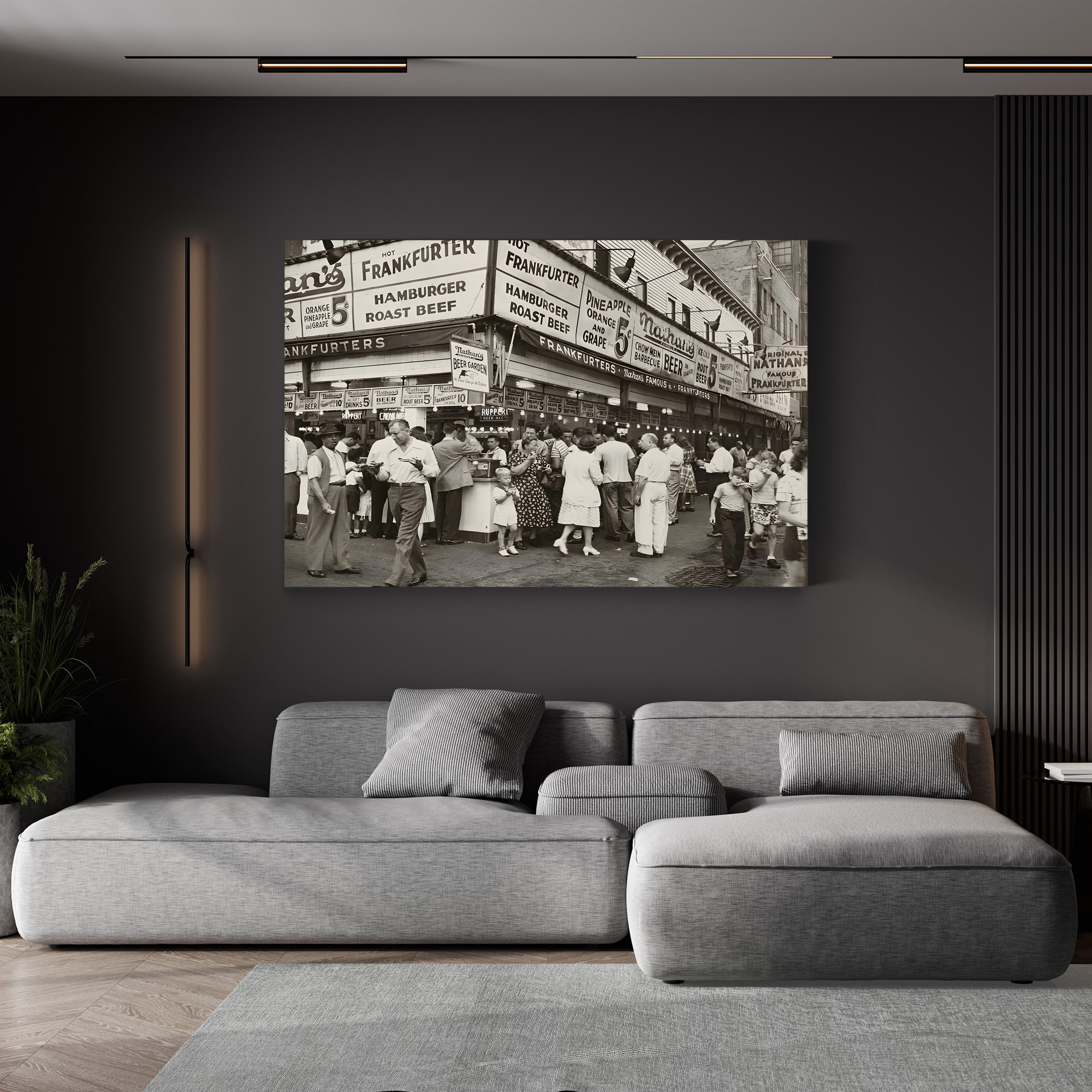 Nathan's Famous Coney Island, 1947 – Vintage Photography Wall Art | NYC Street Scene Canvas Print
