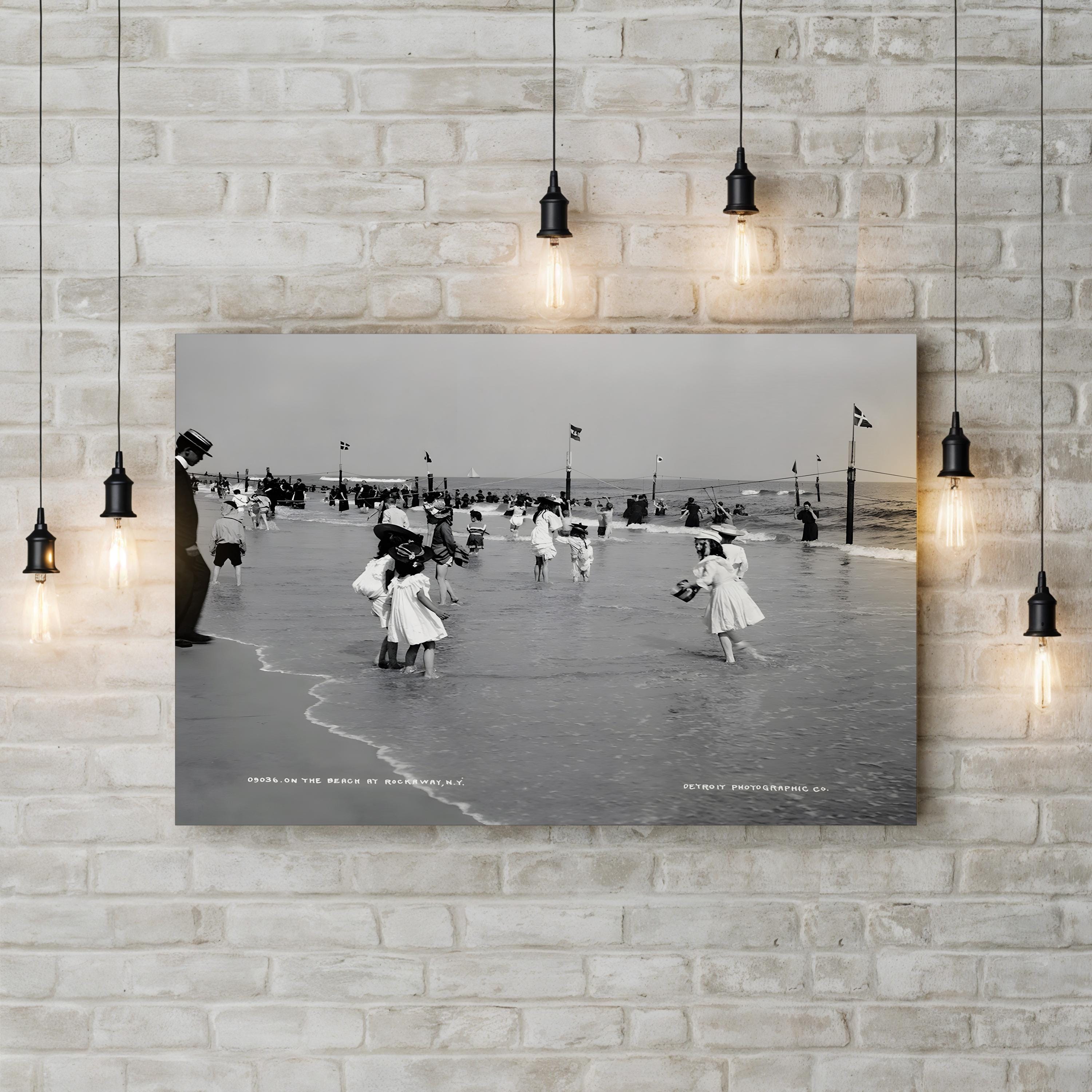 Children on the Beach at Rockaway, New York (1904) – Framed Antique Beach Scene Photography Canvas Art