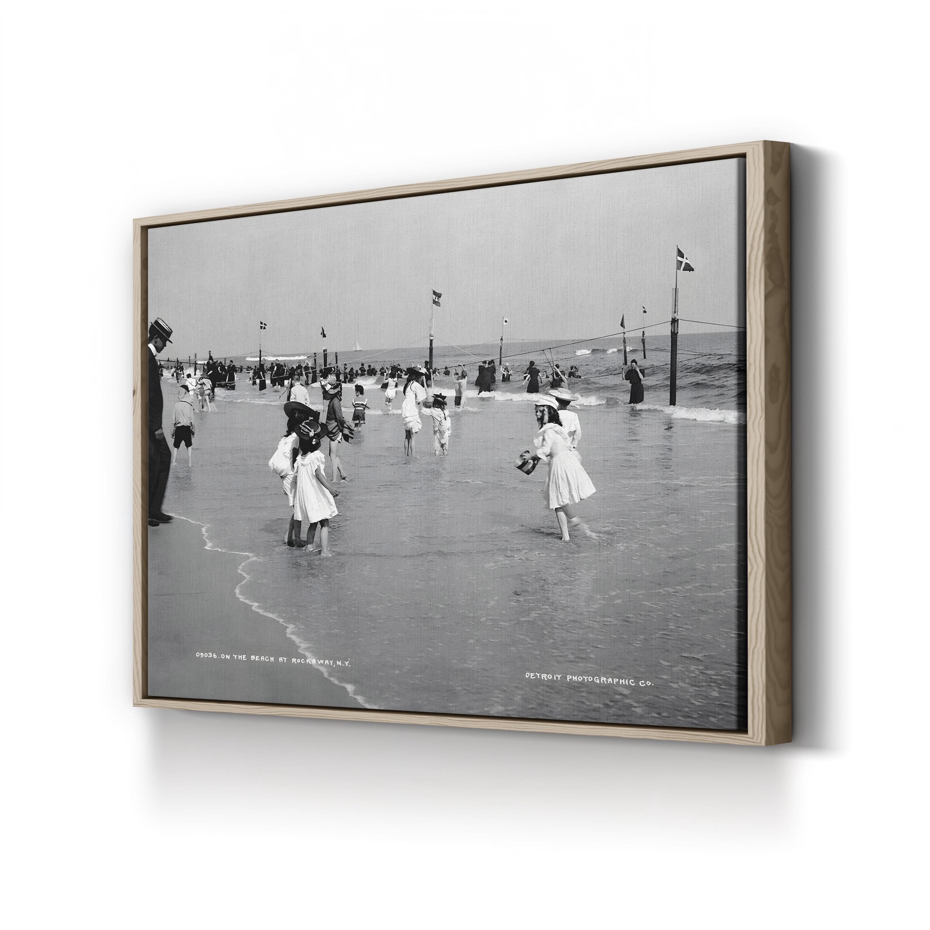 Children on the Beach at Rockaway, New York (1904) – Framed Antique Beach Scene Photography Canvas Art