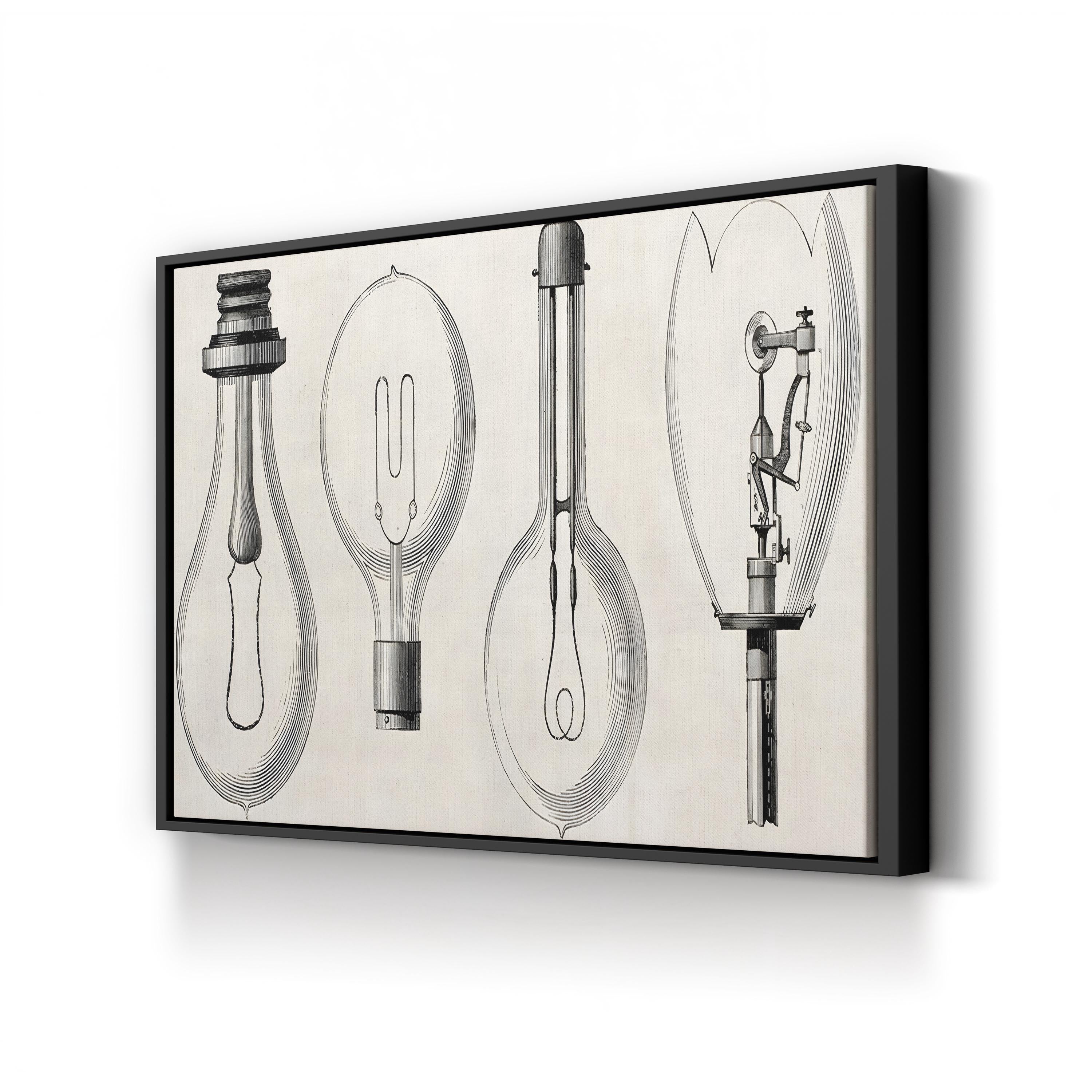 Four Electric Lamps Patent by Edison, Maxim, Swan, and Werdermann canvas print in white frame