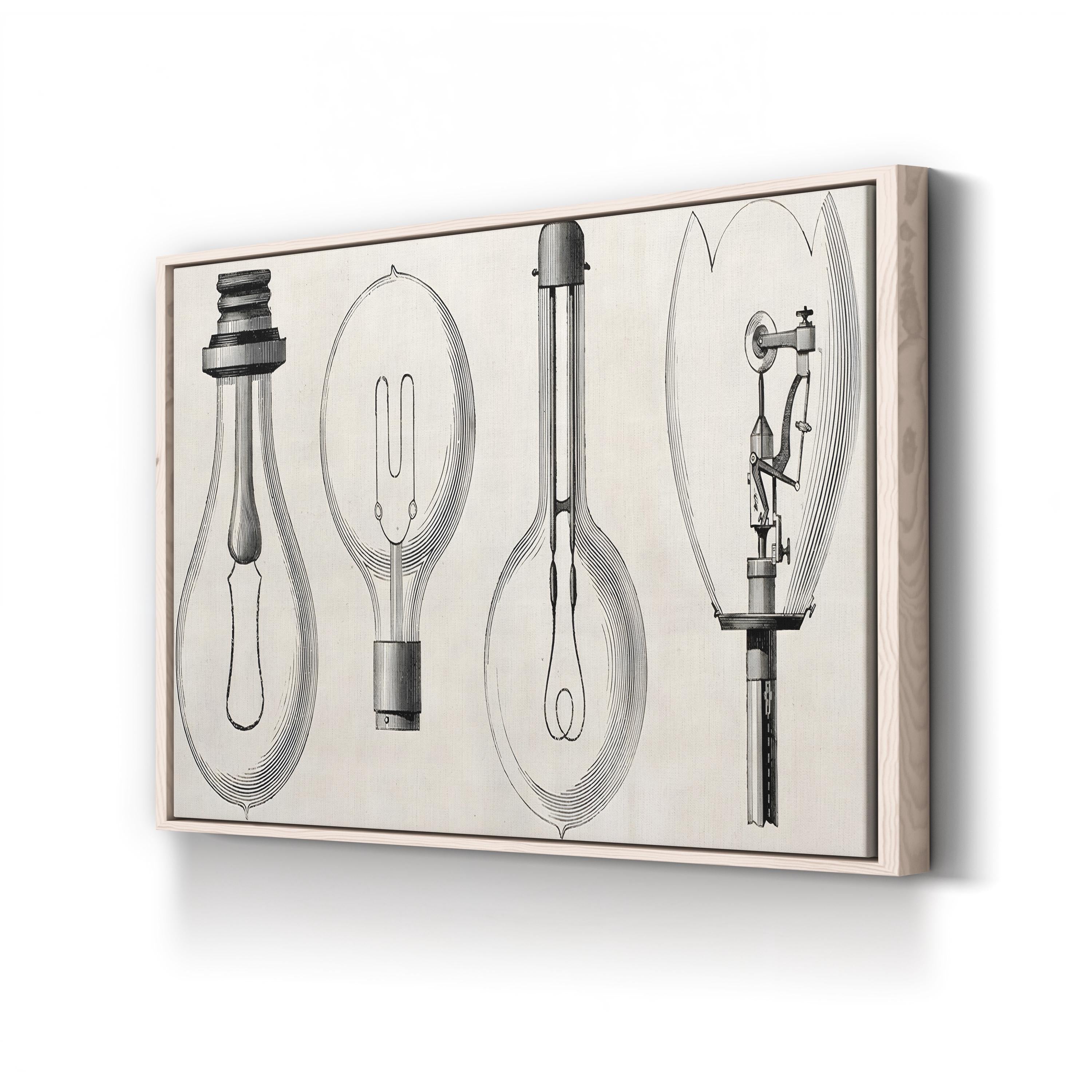 Four Electric Lamps Patent by Edison, Maxim, Swan, and Werdermann canvas print in natural frame